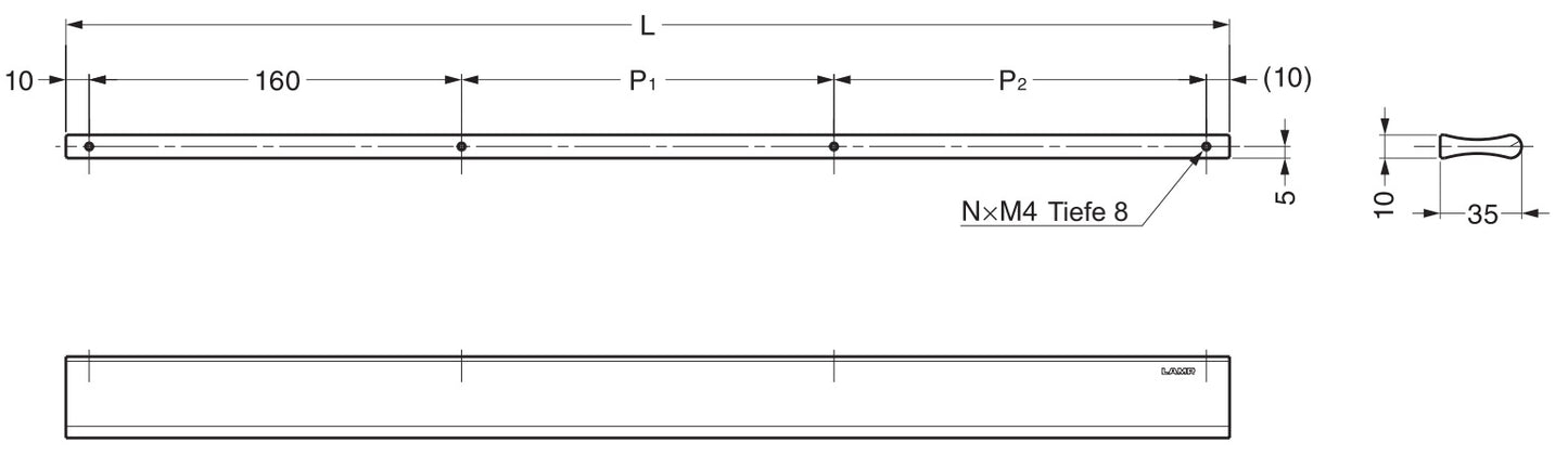 Long furniture handle made of robust aluminum alloy, surface: anodized, 180 mm (7.1") AOT35-180. Door handle AOT35-180 for drawers, furniture doors, kitchen cabinets, office cabinets, and much more, from Sugatsune / LAMP® (Japan)
