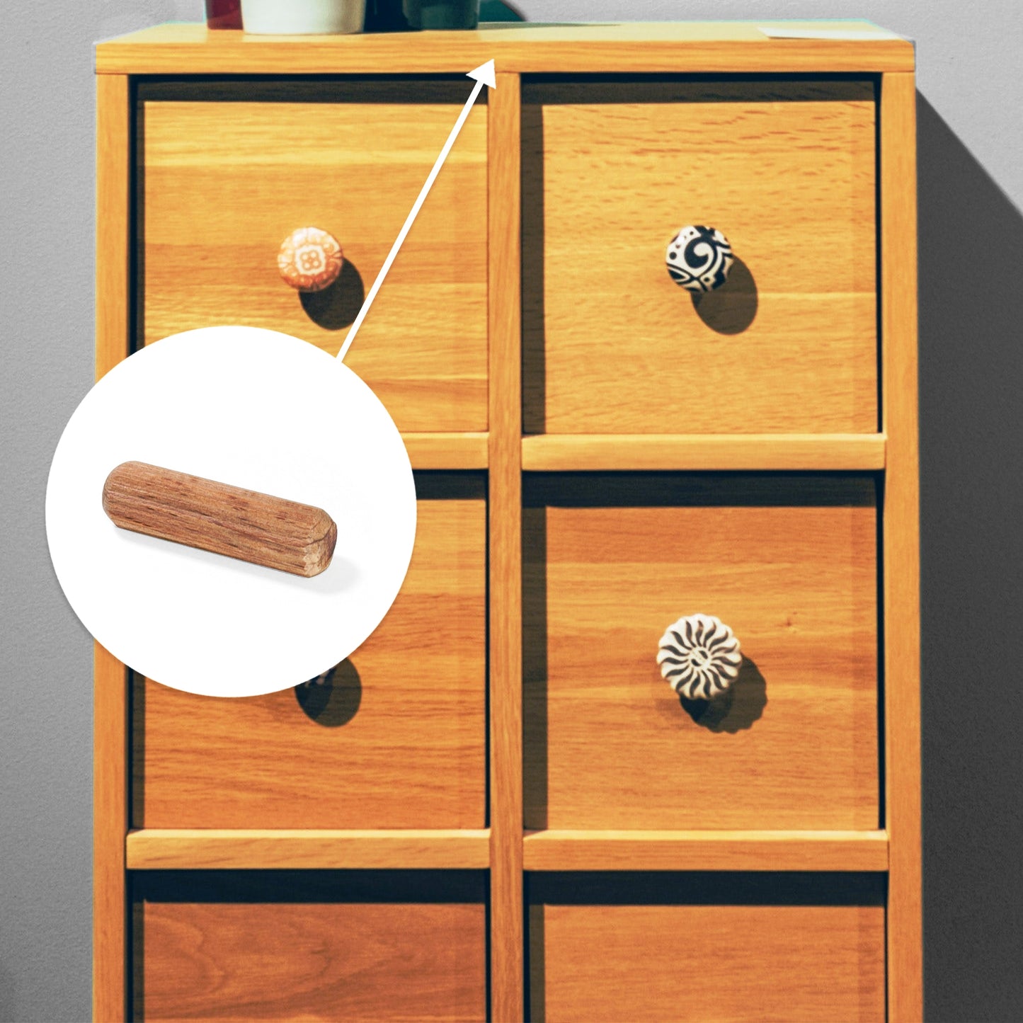 10 long wooden dowels made of beechwood, surface: grooved, 30 mm (1.2") 9091978. Wooden dowel 9091978 for wood panels, wood connections, furniture construction, shelving construction, by EMUCA