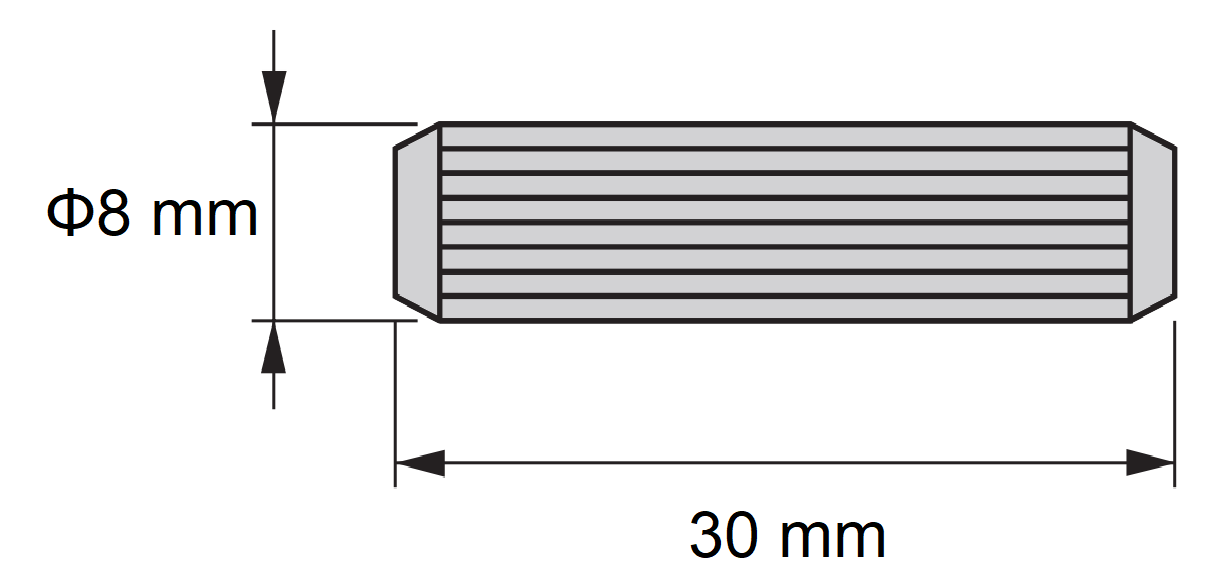 10 long wooden dowels made of beechwood, surface: grooved, 30 mm (1.2") 9091978. Wooden dowel 9091978 for wood panels, wood connections, furniture construction, shelving construction, by EMUCA