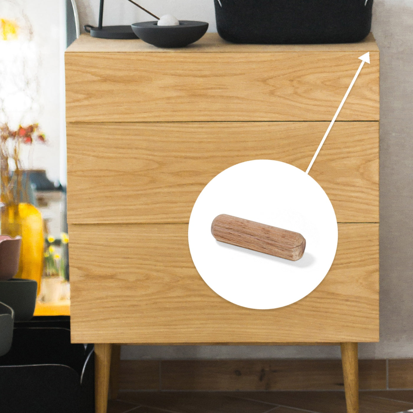 10 long wooden dowels made of beechwood, surface: grooved, 30 mm (1.2") 9095678. Wooden dowel 9095678 for wood panels, wood connections, furniture construction, shelving construction, by EMUCA