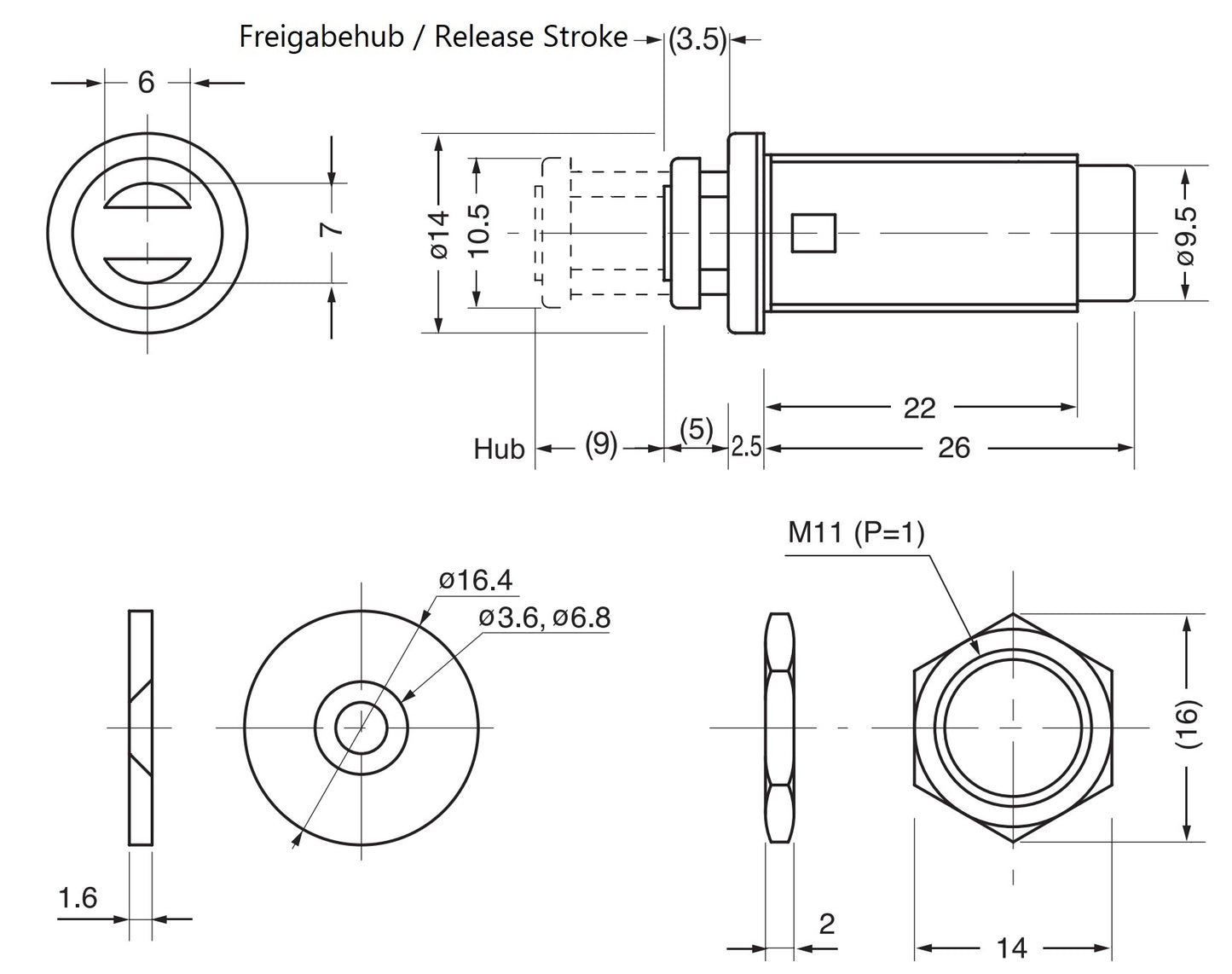 2 magnetic push-button catches, with M11 thread, including M11 nut and counter plate, PM-4N HB for sheet metal, wooden panel, maintenance door, metal cabinet
