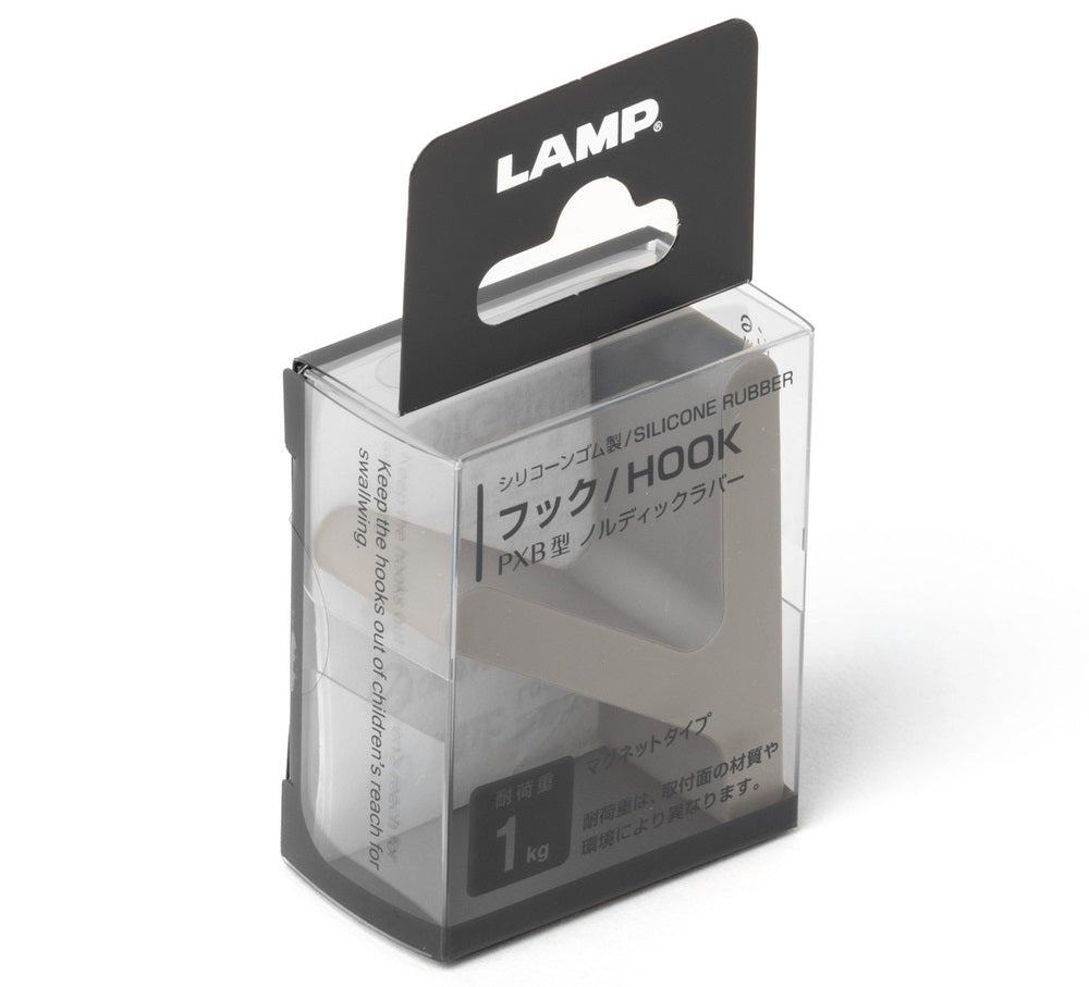 Strong magnetic hook, silicone-coated, gray finish, 46 mm (1.9"), PXB-GN05M-101-GR. Silicone hook for refrigerators, magnetic boards, key boards, lockers, metal cabinets, metal walls, and much more, from Sugatsune / LAMP® (Japan)