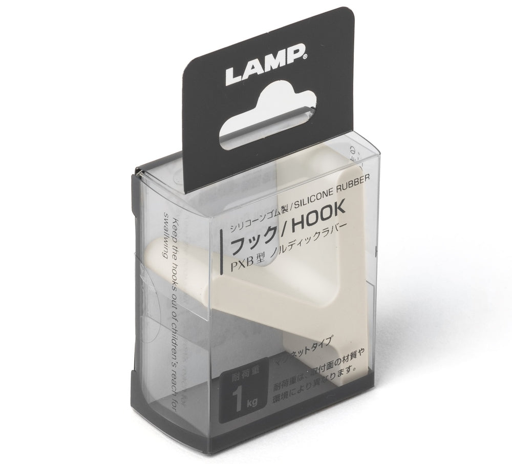 Strong magnetic hook, silicone-coated, surface: gray-white, 46 mm (1.9"), PXB-GN05M-101-GWT. Silicone hook for refrigerators, magnetic boards, key boards, lockers, metal cabinets, metal walls, and much more, from Sugatsune / LAMP® (Japan)