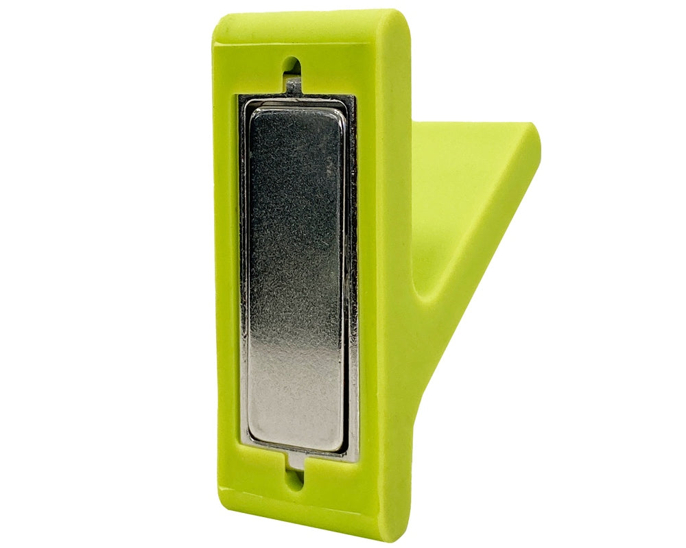 Strong magnetic hook, silicone-coated, green-yellow finish, 46 mm (1.9"), PXB-GN05M-101-GY. Silicone hook for refrigerators, magnetic boards, key boards, lockers, metal cabinets, metal walls, and much more, from Sugatsune / LAMP® (Japan)