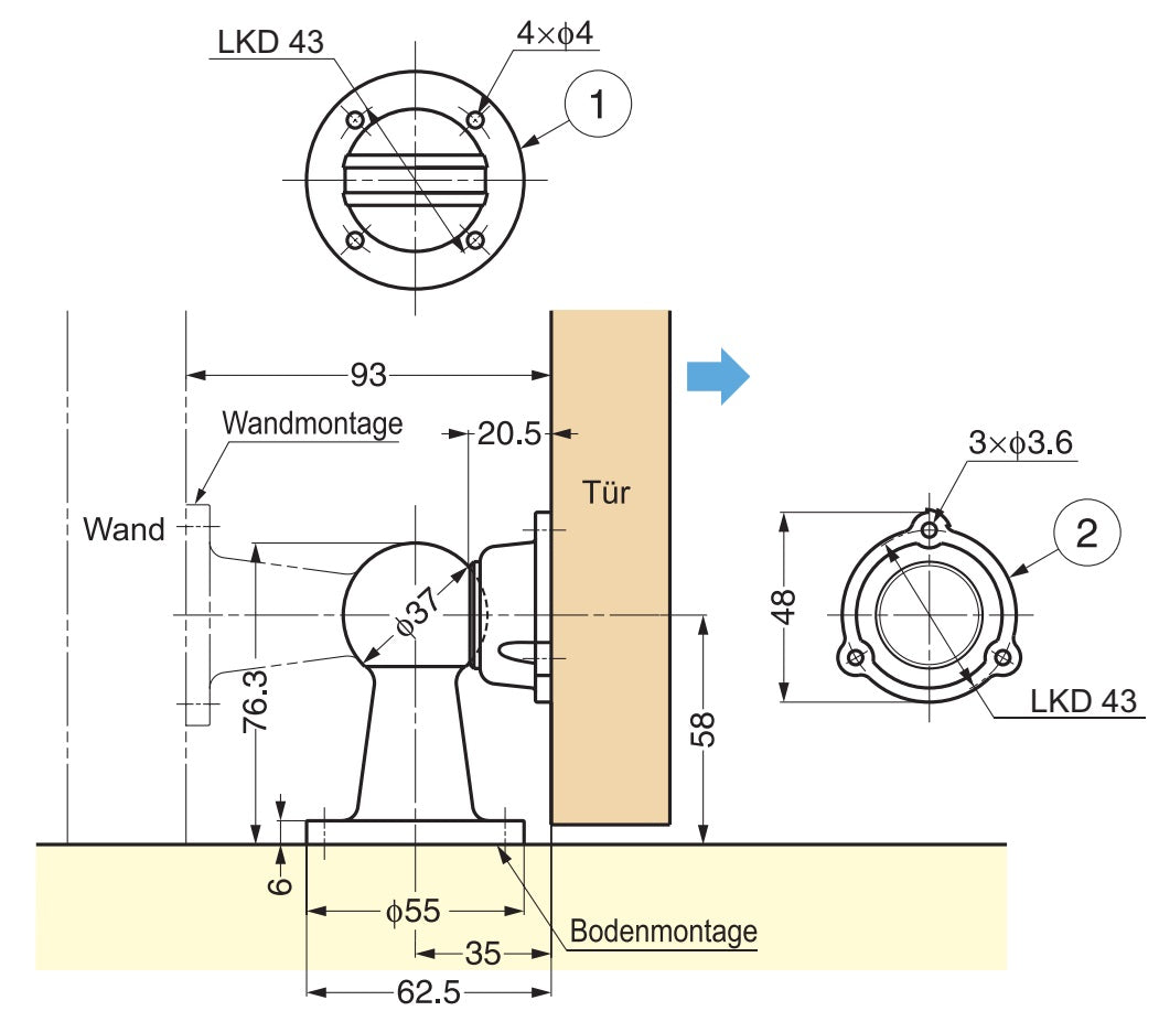 Magnetischer Türhalter. Der Türstopper MI, MBR hält die Tür in offener Position, von SUGATSUNE / Lamp (Japan)