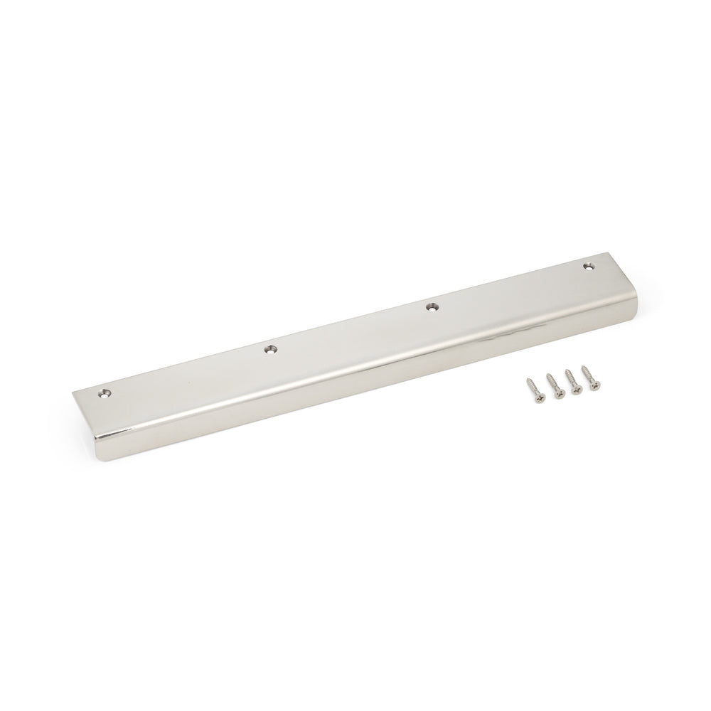 High-quality, solid stainless steel angled handle, 300 mm (11.9"), mirror polished, SN-300M. Furniture handle SN-300M for boats, yachts, stainless steel kitchens, beach hotels, doctor's offices, kitchen cabinets, and drawers, by Sugatsune / LAMP® (Japan)