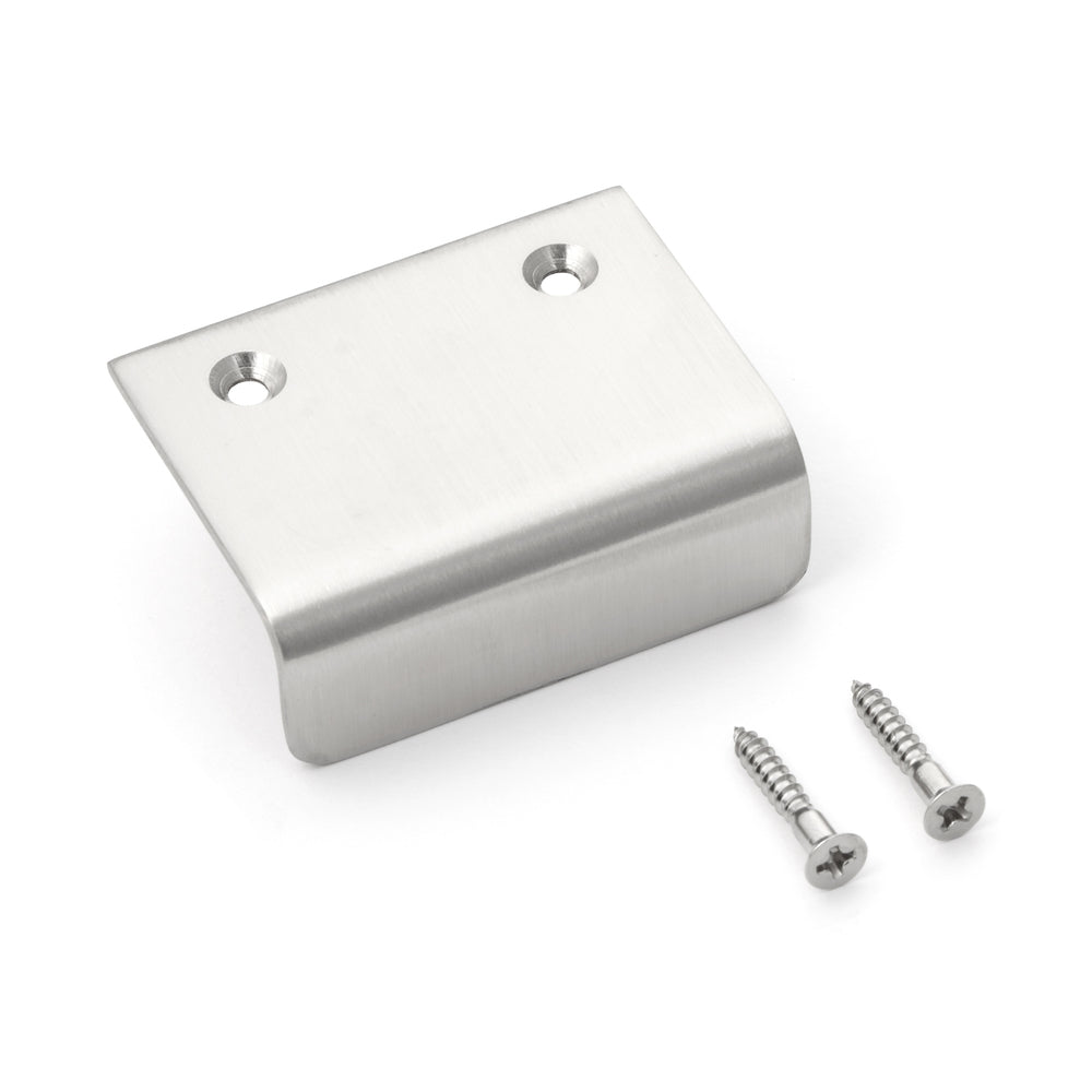 High-quality, solid stainless steel angled handle, satin-finished, 50 mm (2") SN-50S. SN-50S furniture handle for kitchen cabinets, living room cabinets, office furniture, and bedroom furniture, by Sugatsune / LAMP® (Japan)
