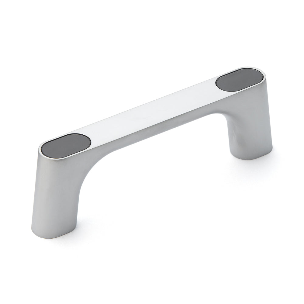 High-quality, solid zinc alloy (ZDC) handle, chrome-plated, satin-finished with gray cover caps, 125 mm (5") KMH-100-GR. Machine handle KMH-100-GR for industrial cabinets, production facilities, and mechanical engineering, from Sugatsune / LAMP® (Japan)
