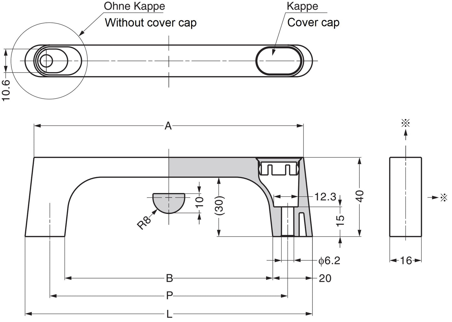 High-quality, solid zinc alloy (ZDC) handle, chrome-plated, satin-finished with gray cover caps, 145 mm (5.8") KMH-120-GR. KMH-120-GR machine handle for industrial cabinets, production facilities, and mechanical engineering, from Sugatsune / LAMP® (Japan)