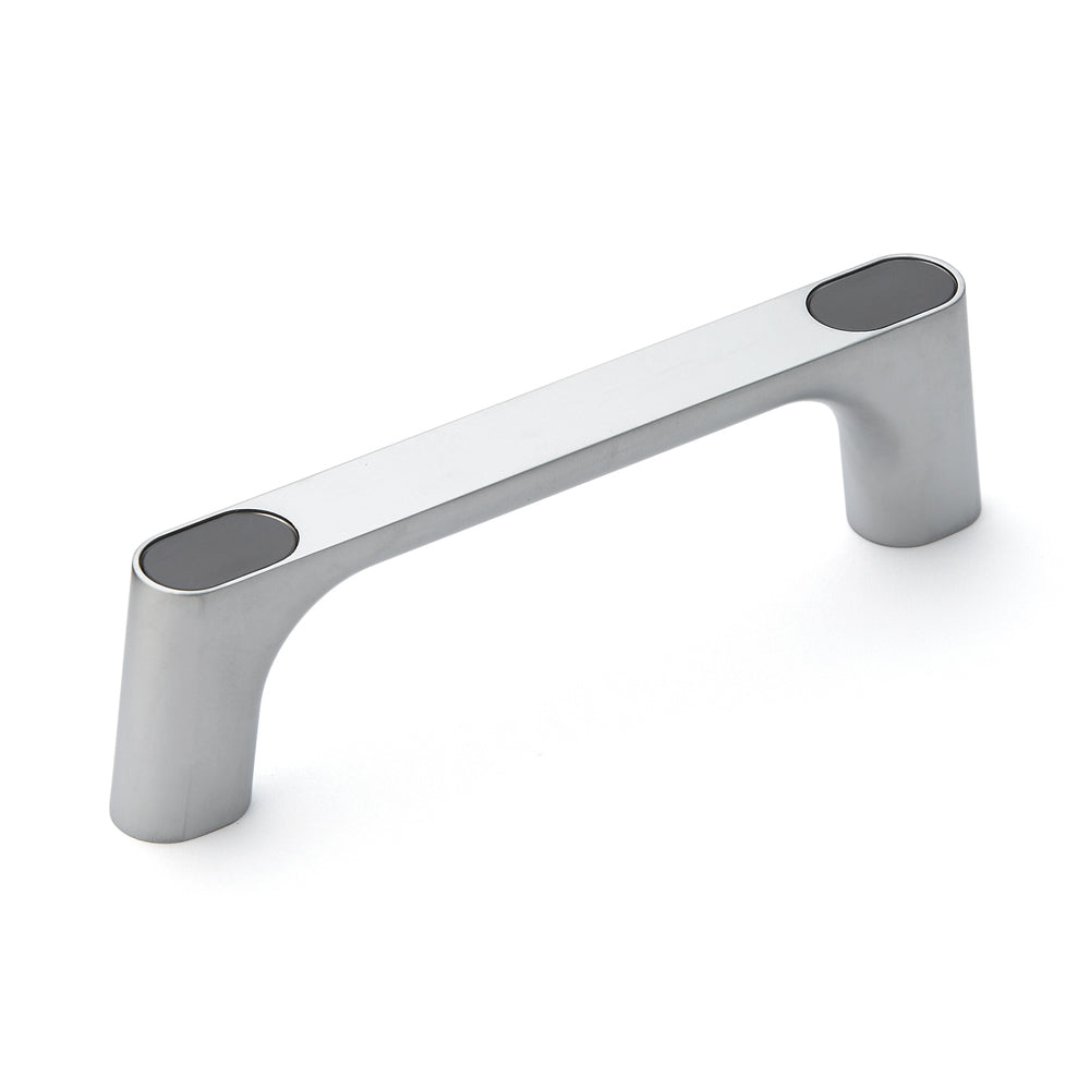 High-quality, solid zinc alloy (ZDC) handle, chrome-plated, satin-finished with gray cover caps, 145 mm (5.8") KMH-120-GR. KMH-120-GR machine handle for industrial cabinets, production facilities, and mechanical engineering, from Sugatsune / LAMP® (Japan)