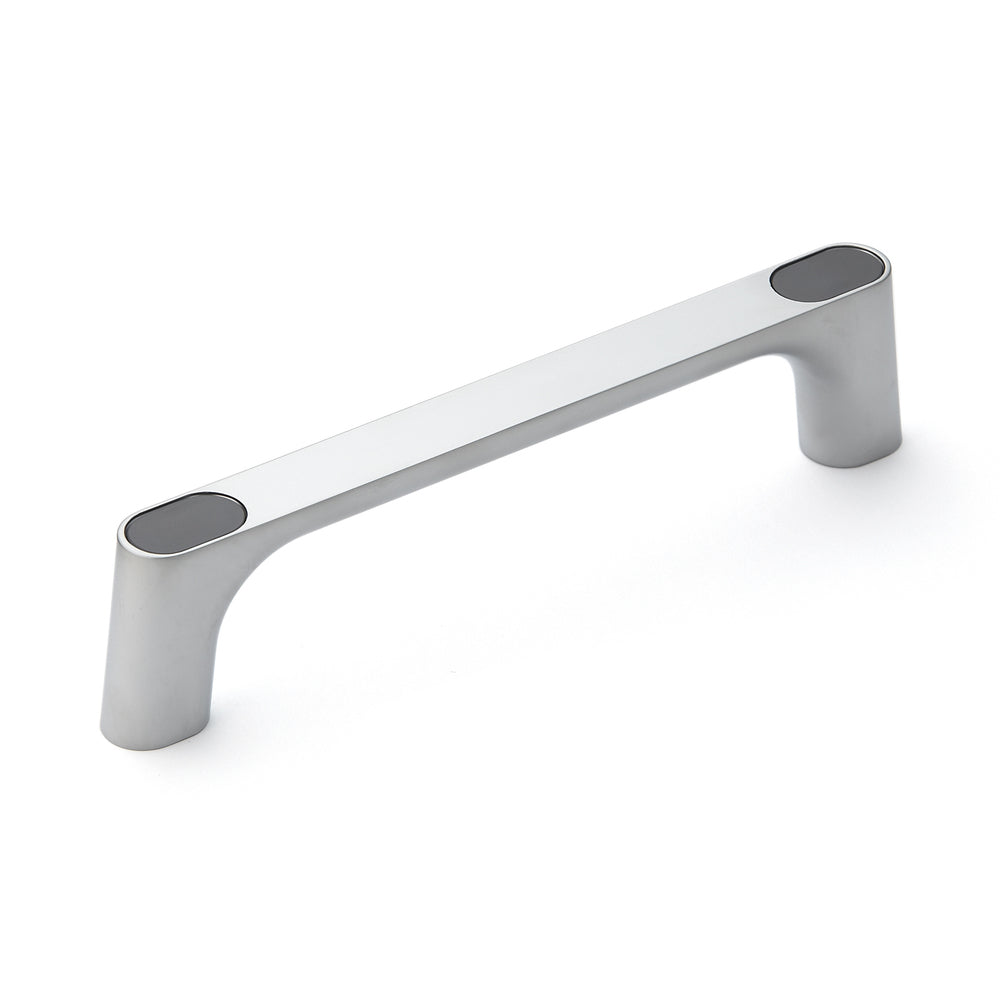 High-quality, solid zinc alloy (ZDC) handle, chrome-plated, satin-finished with gray cover caps, 175 mm (6.9") KMH-150-GR. KMH-150-GR machine handle for industrial cabinets, production facilities, and mechanical engineering, from Sugatsune / LAMP® (Japan)