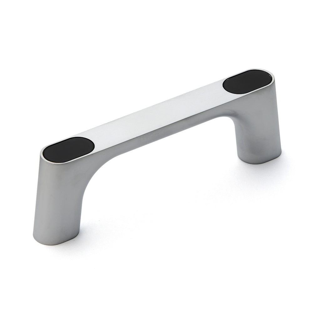 High-quality, solid zinc alloy (ZDC) handle, chrome-plated, satin-finished with black cover caps, 125 mm (5") KMH-100-BL. Machine handle KMH-100-BL for industrial cabinets, production facilities, and mechanical engineering, from Sugatsune / LAMP® (Japan)