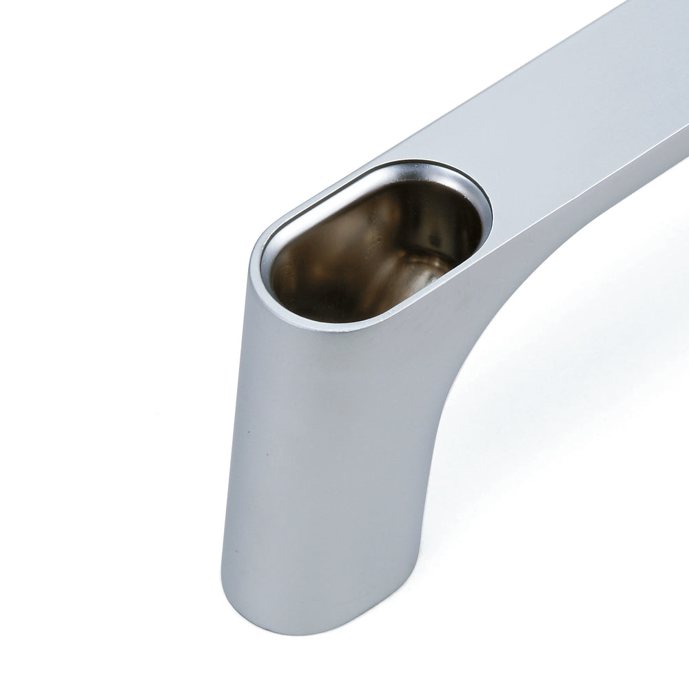 High-quality, solid zinc alloy (ZDC) handle, chrome-plated, satin-finished with white cover caps, 125 mm (5") KMH-100-WT. KMH-100-WT machine handle for industrial cabinets, production facilities, and mechanical engineering, from Sugatsune / LAMP® (Japan)