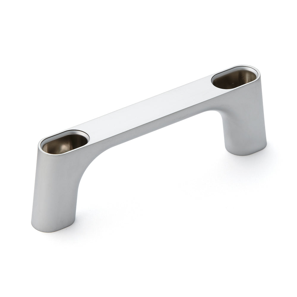 High-quality, solid zinc alloy (ZDC) handle, chrome-plated, satin-finished with white cover caps, 125 mm (5") KMH-100-WT. KMH-100-WT machine handle for industrial cabinets, production facilities, and mechanical engineering, from Sugatsune / LAMP® (Japan)