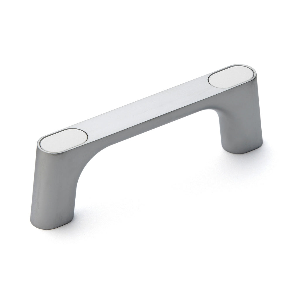 High-quality, solid zinc alloy (ZDC) handle, chrome-plated, satin-finished with white cover caps, 125 mm (5") KMH-100-WT. KMH-100-WT machine handle for industrial cabinets, production facilities, and mechanical engineering, from Sugatsune / LAMP® (Japan)