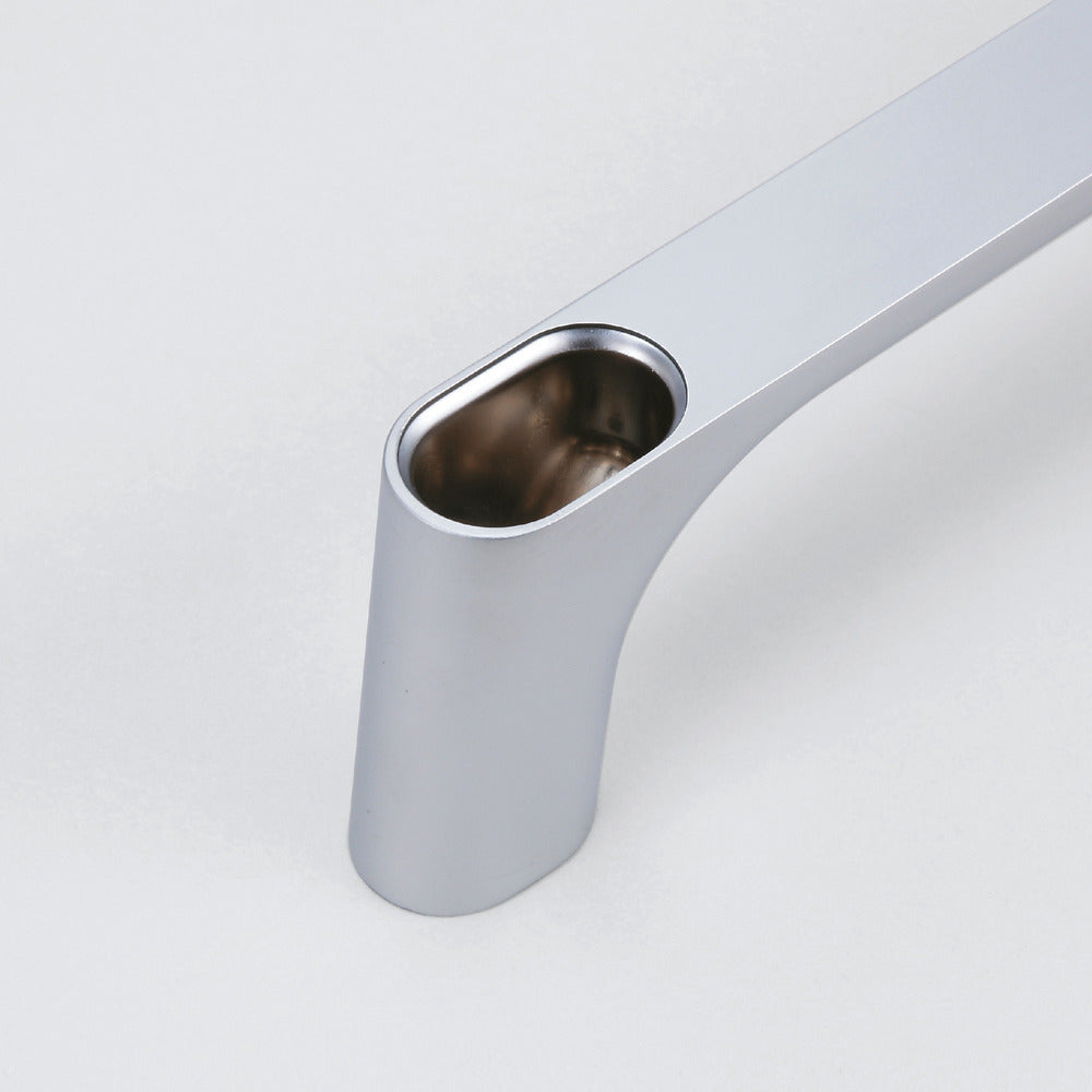 High-quality, solid zinc alloy (ZDC) handle, chrome-plated, satin-finished with gray cover caps, 145 mm (5.8") KMH-120-GR. KMH-120-GR machine handle for industrial cabinets, production facilities, and mechanical engineering, from Sugatsune / LAMP® (Japan)