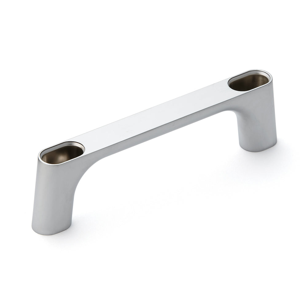 High-quality, solid zinc alloy (ZDC) handle, chrome-plated, satin-finished with gray cover caps, 145 mm (5.8") KMH-120-GR. KMH-120-GR machine handle for industrial cabinets, production facilities, and mechanical engineering, from Sugatsune / LAMP® (Japan)
