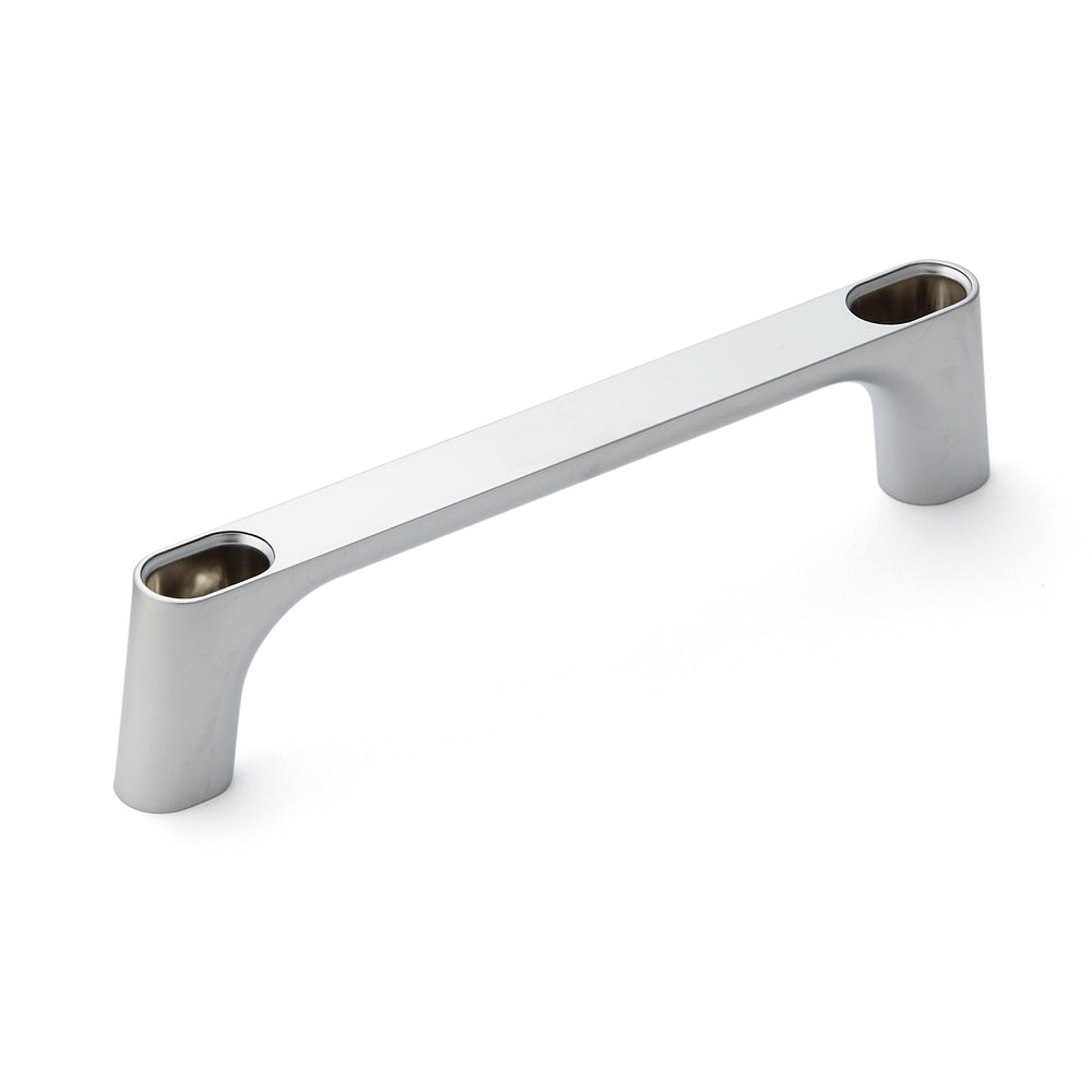 High-quality, solid zinc alloy (ZDC) handle, chrome-plated, satin-finished with gray cover caps, 175 mm (6.9") KMH-150-GR. KMH-150-GR machine handle for industrial cabinets, production facilities, and mechanical engineering, from Sugatsune / LAMP® (Japan)