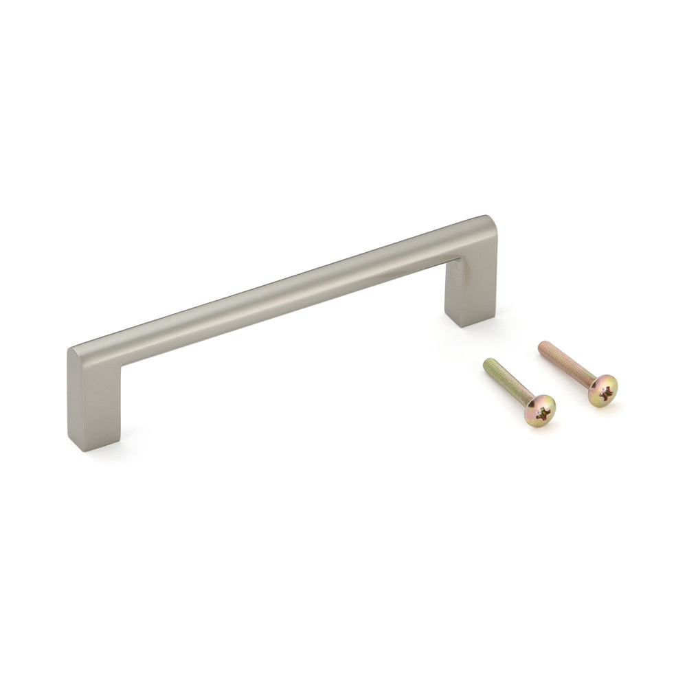High-quality solid brass furniture handle, nickel-plated, satin finish, 124 mm (4.9") KAKU-A159. The KAKU-A159 brass cabinet handle for kitchen cabinets, living room cabinets, bedroom furniture, and office furniture, by Sugatsune / LAMP® (Japan)