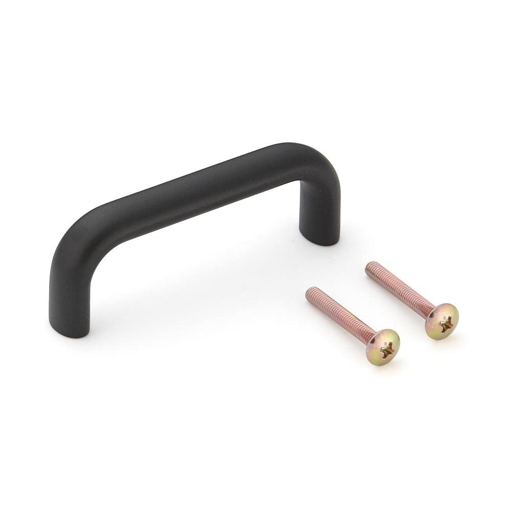 High-quality solid furniture handle made of robust aluminum alloy, black, satin finish, 78 mm (3.1") KK-H80BL. Handle KK-H80BL for kitchen cabinets, living room cabinets, office furniture, and bedroom furniture, by Sugatsune / LAMP® (Japan)