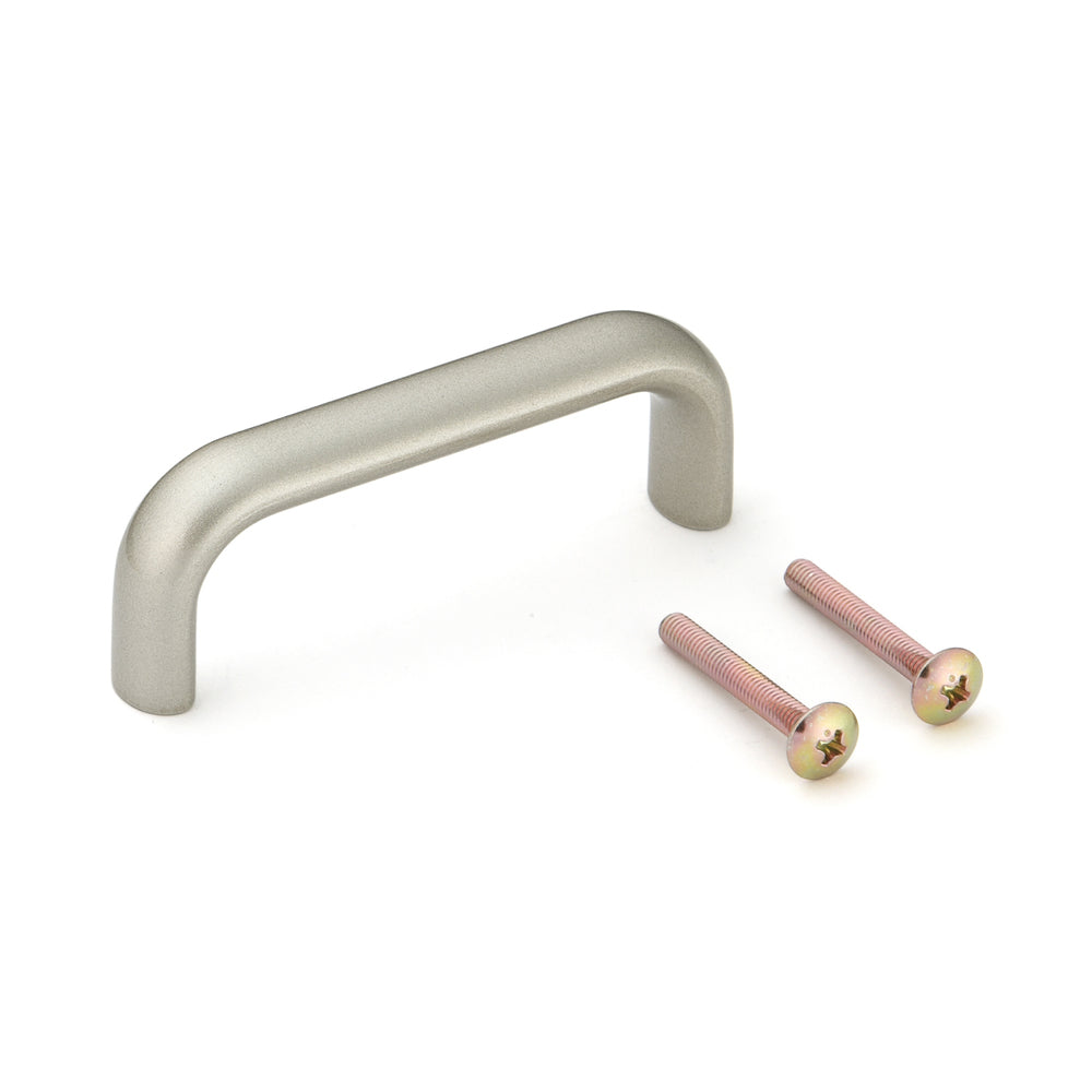 High-quality solid furniture handle made of robust aluminum alloy, nickel-plated, satin finish, 78 mm (3.1") KK-H80SNI. Handle KK-H80SNI for kitchen cabinets, living room cabinets, office furniture, and bedroom furniture, by Sugatsune / LAMP® (Japan)