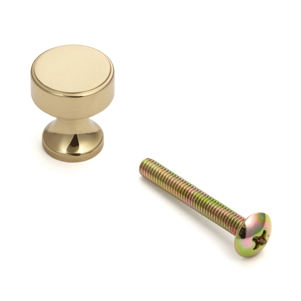 High-quality brass furniture knob handle, surface: glossy polished, 16 mm (0.7") KHE111-16PB. Brass knob for drawers, furniture doors, kitchen cabinets, office cabinets, and much more, from Sugatsune / LAMP® (Japan)