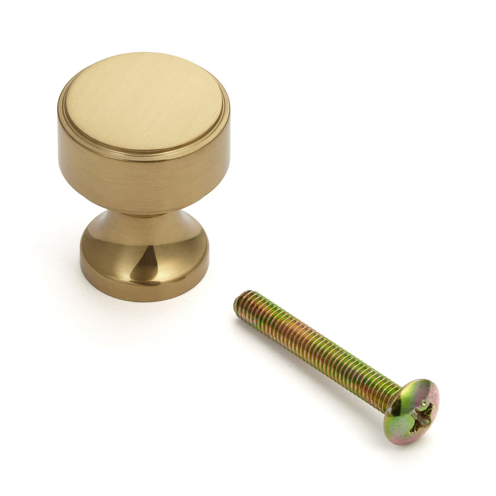High-quality brass furniture knob handle, surface: glossy polished, 21 mm (0.9") KHE111-22PB. Brass knob for drawers, furniture doors, kitchen cabinets, office cabinets, and much more, from Sugatsune / LAMP® (Japan)