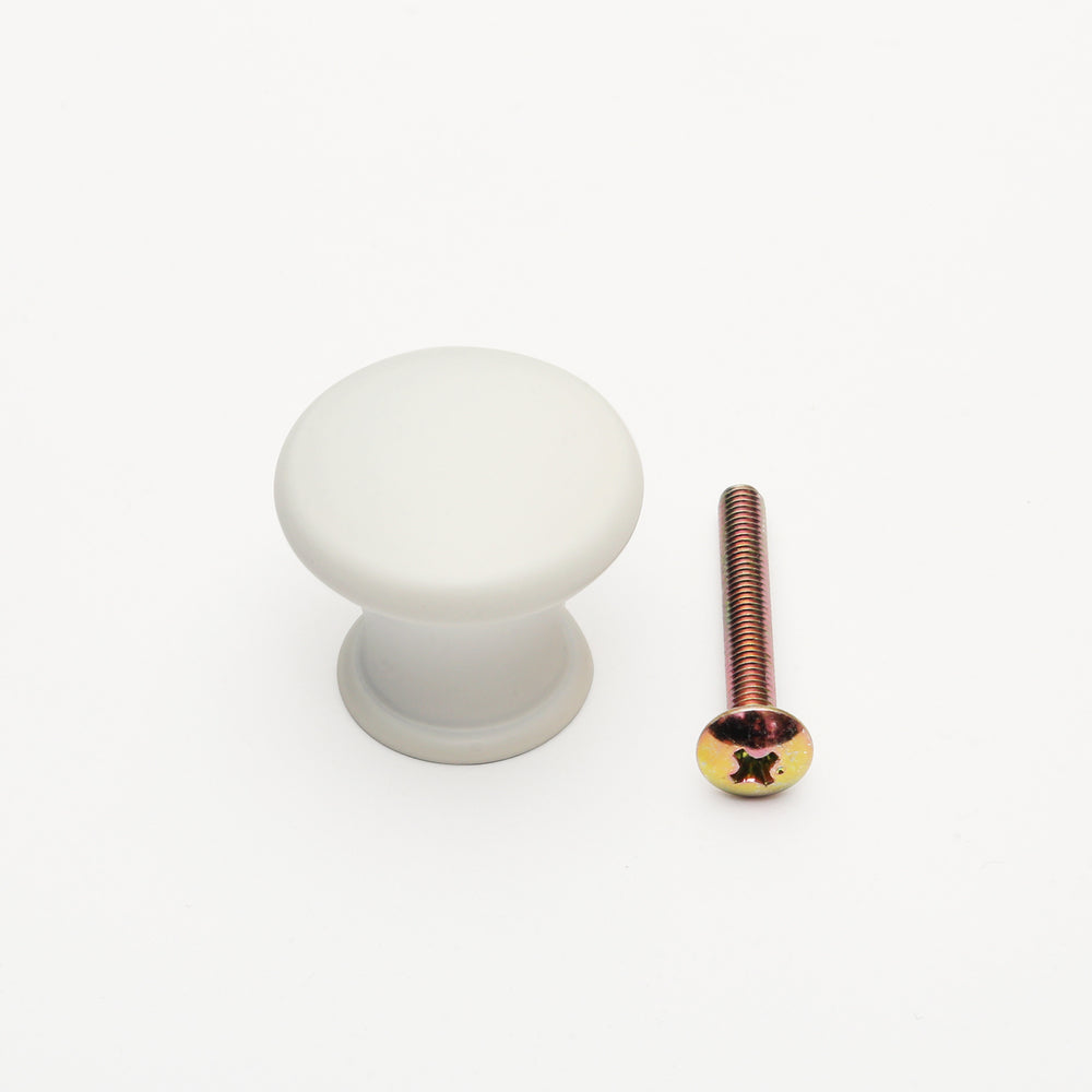 Poignée de meuble de haute qualité en alliage d'aluminium robuste, surface : blanche, 28 mm (1,2″) KK-T28WT. Poignée bouton KK-T28WT pour tiroirs, portes de meubles, armoires de cuisine, armoires de bureau et bien plus encore, de Sugatsune / LAMP® (Japon)