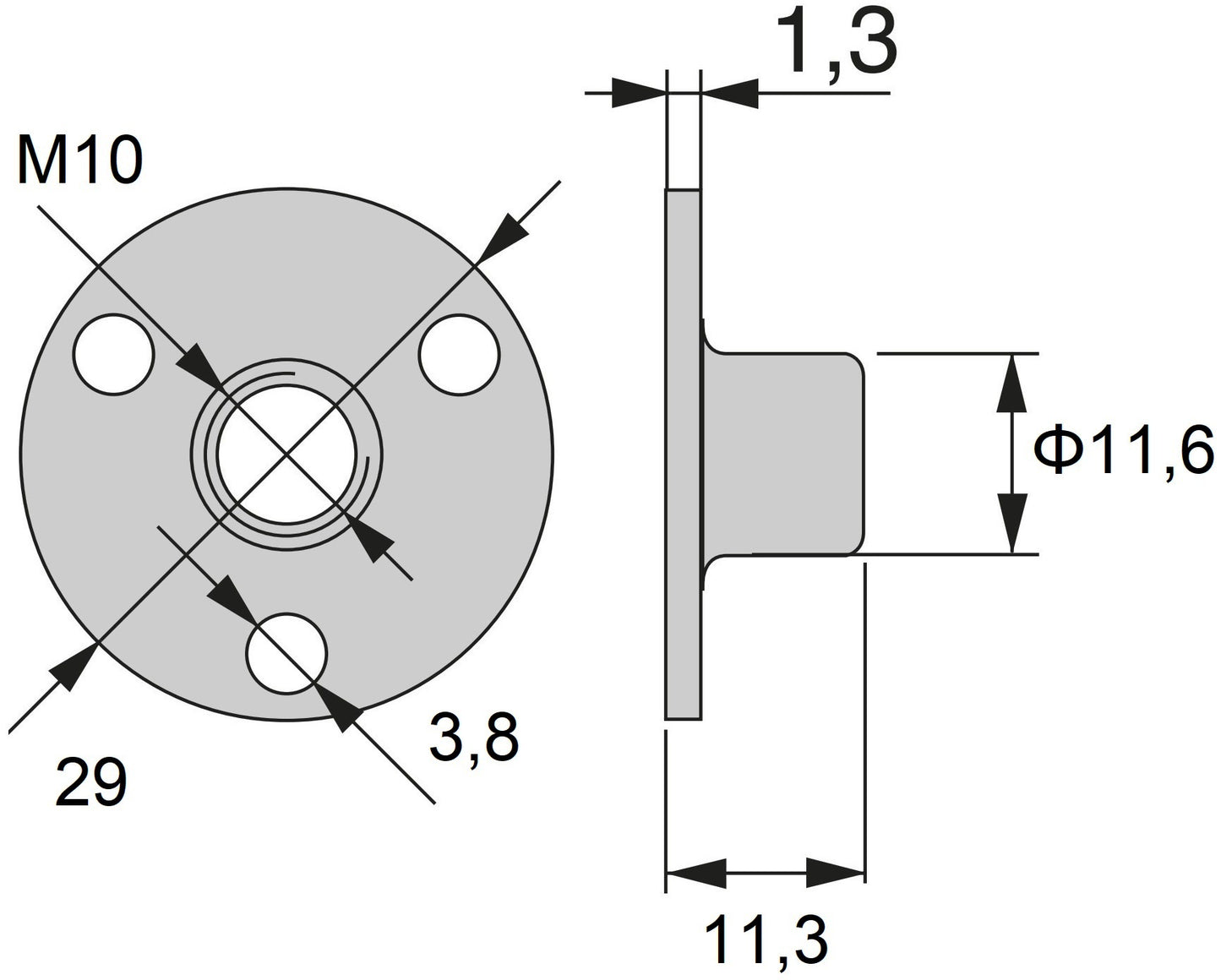 Mounting plate with M10 thread, mounting plate 5044605, 29 mm (1.2"). Screw-on plate for furniture feet, cabinet legs, sofa feet, leveling feet, appliance feet, articulated feet, adjustable feet, and machine feet, by EMUCA