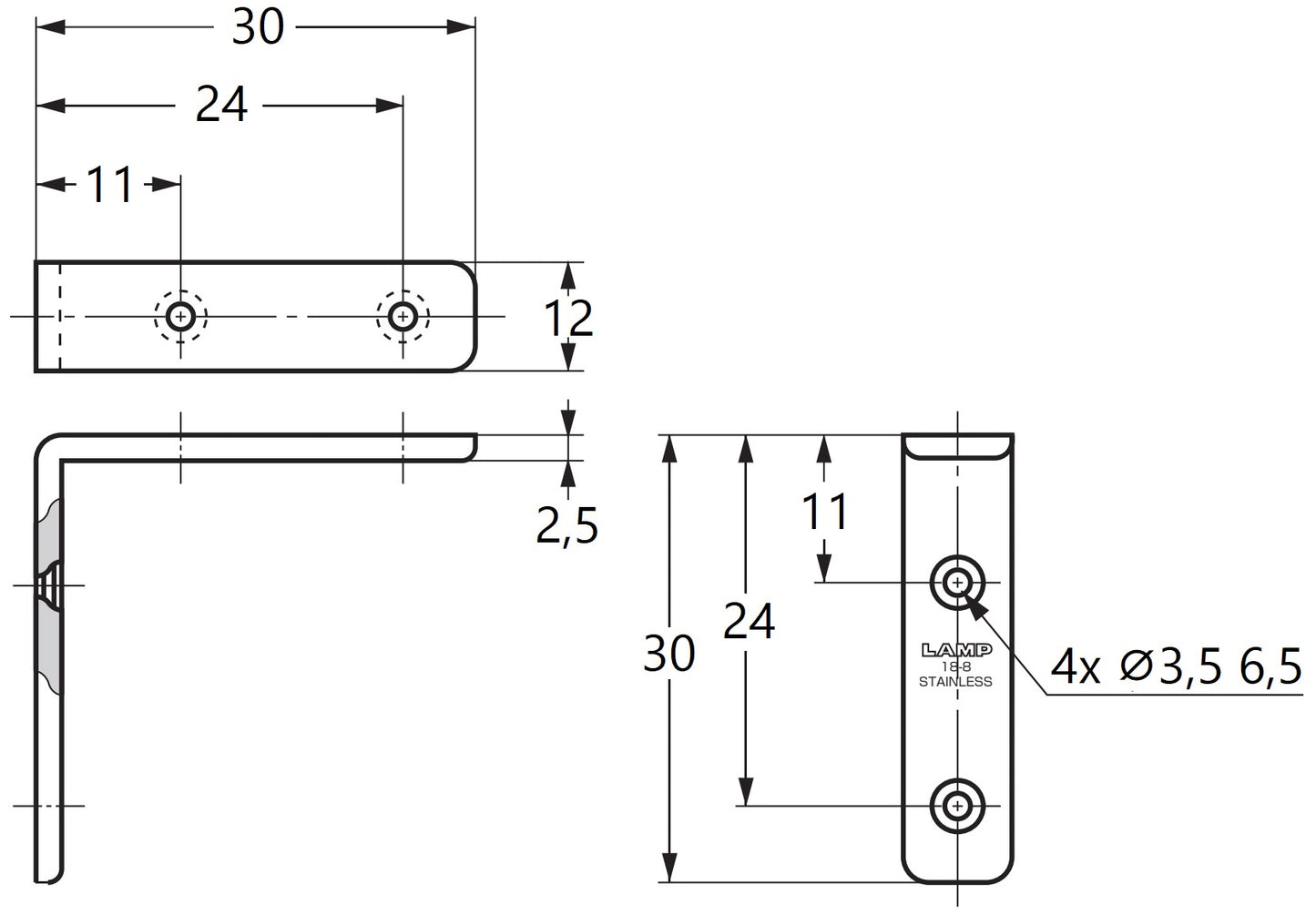 2 Stück korrosionsbeständiger robuster Montagewinkel, aus massivem rostfreiem Edelstahl, Tragkraft: 12 kg, Oberfläche: glänzend poliert, 30 mm (1,2″), SU-30M. Regalwinkel für Regalboden, Tablar und viel mehr, von Sugatsune / LAMP® (Japan)