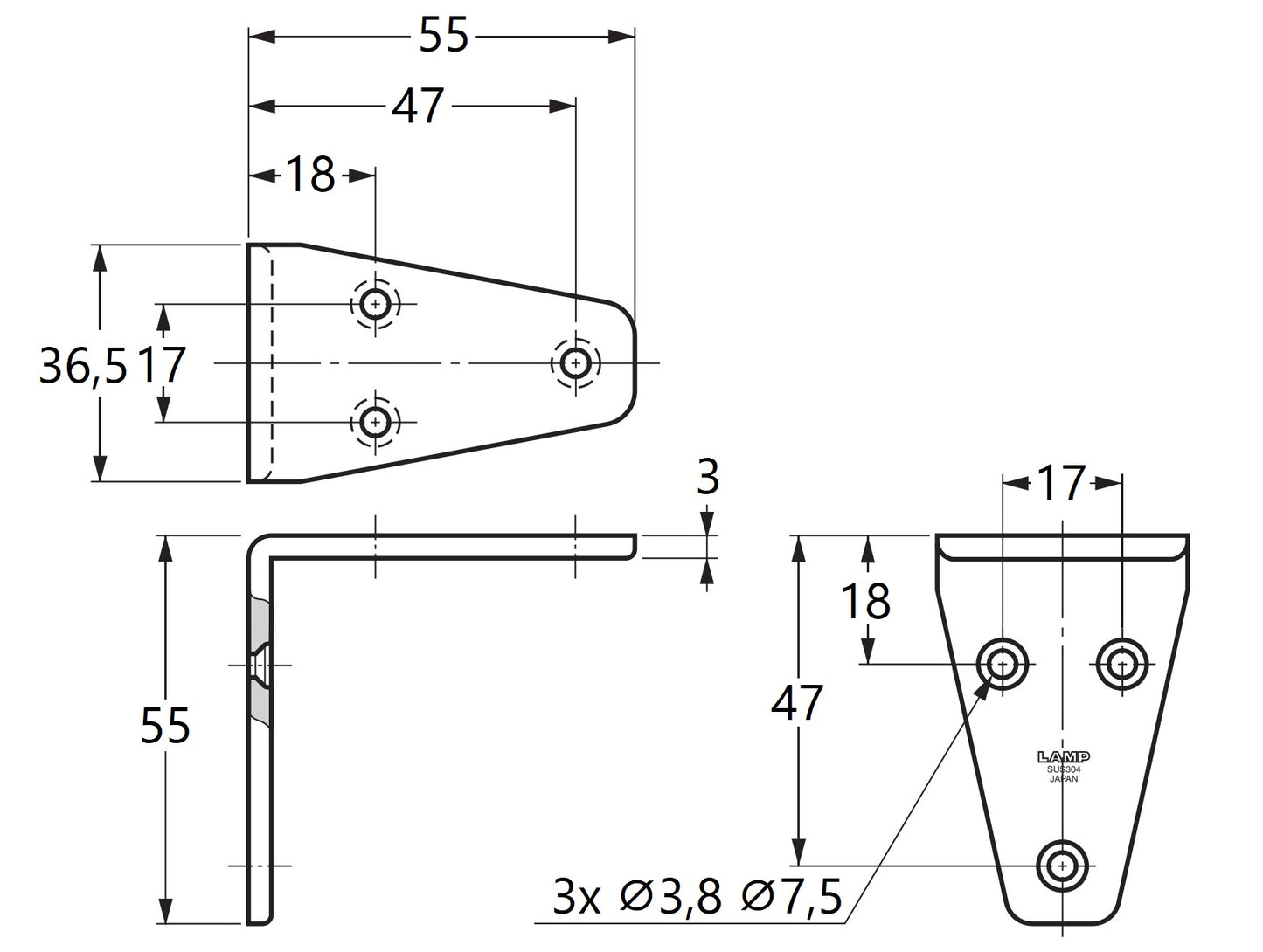2 Stück korrosionsbeständiger robuster Montagewinkel, aus massivem rostfreiem Edelstahl, Tragkraft: 16 kg, Oberfläche: satiniert matt, SV-55S. Regalwinkel für Trennwand, Regalboden und viel mehr, von Sugatsune / LAMP® (Japan)