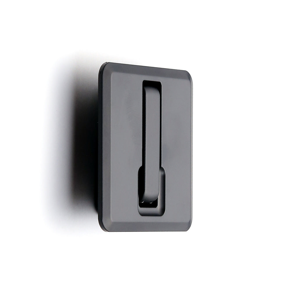 High-quality square spring-loaded folding hook for recessed installation, finish: black, satin matte, 52 mm (2.1"), NF-K52-BL. Square folding hook with automatic closing, for tiny houses, mobile homes, yachts, and much more, from Sugatsune / LAMP® (Japan)