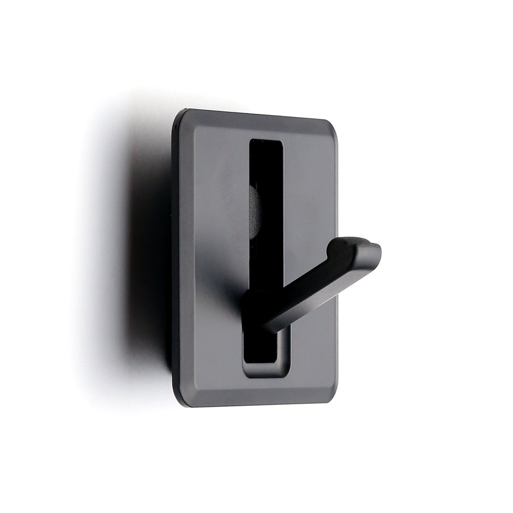 High-quality square spring-loaded folding hook for recessed installation, finish: black, satin matte, 52 mm (2.1"), NF-K52-BL. Square folding hook with automatic closing, for tiny houses, mobile homes, yachts, and much more, from Sugatsune / LAMP® (Japan)