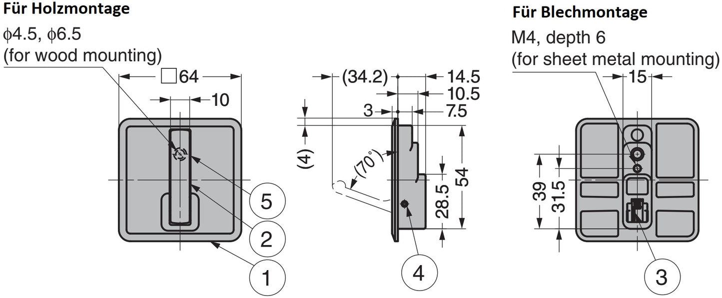 High-quality square spring-loaded folding hook for recessed installation, finish: chrome-plated, 64 mm (2.6"), NF-K64-CR. Square folding hook with automatic closing, for tiny houses, mobile homes, yachts, and much more, from Sugatsune / LAMP® (Japan)