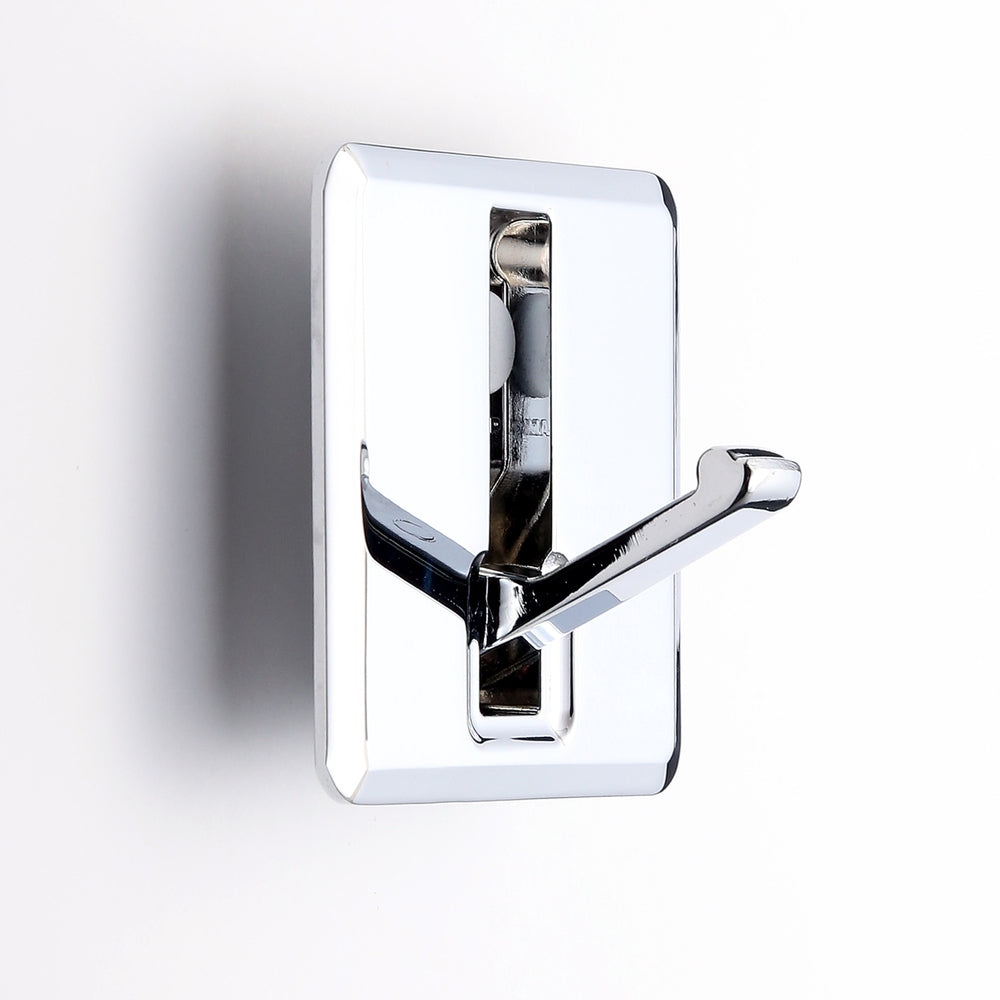 High-quality square spring-loaded folding hook for recessed installation, finish: chrome-plated, 64 mm (2.6"), NF-K64-CR. Square folding hook with automatic closing, for tiny houses, mobile homes, yachts, and much more, from Sugatsune / LAMP® (Japan)