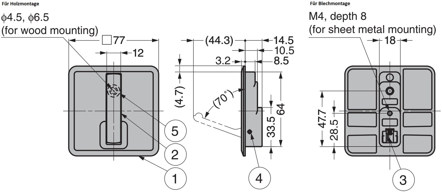 High-quality square spring-loaded folding hook for recessed installation, surface: chrome-plated, 77 mm (3.1"), NF-K77-CR. Square folding hook with automatic closing, for tiny houses, mobile homes, yachts, and much more, from Sugatsune / LAMP® (Japan)