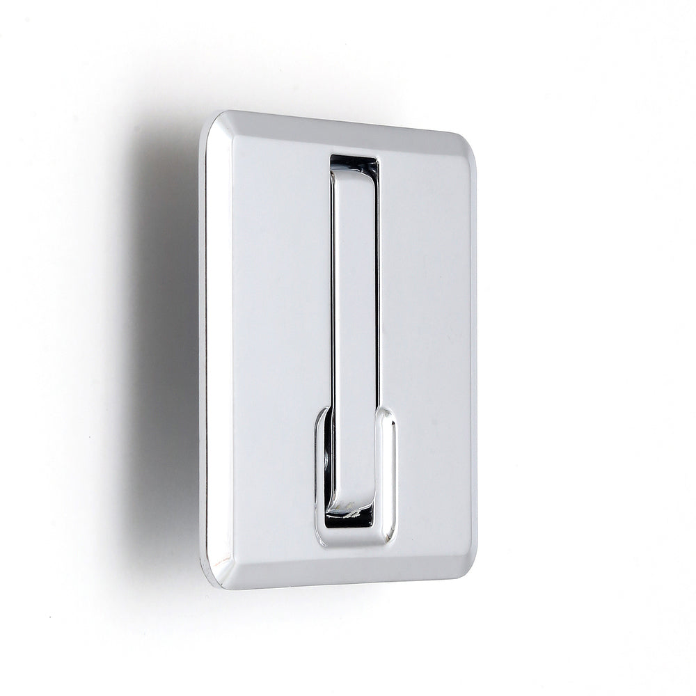 High-quality square spring-loaded folding hook for recessed installation, surface: chrome-plated, 77 mm (3.1"), NF-K77-CR. Square folding hook with automatic closing, for tiny houses, mobile homes, yachts, and much more, from Sugatsune / LAMP® (Japan)