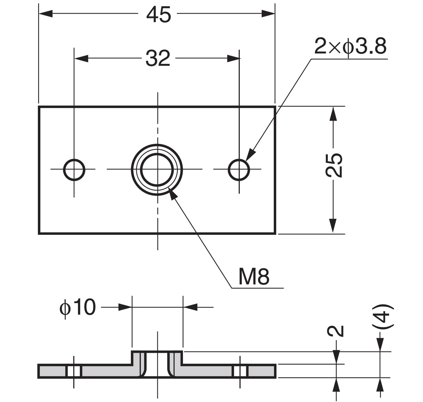 4 rectangular screw-on plates with M8 thread, mounting plate, made of solid zinc alloy, 45 mm (1.8"), AD-558. Mounting plate, for furniture feet, furniture casters, machine feet, cabinet legs, sofa feet, and much more, from Sugatsune / LAMP® (Japan)
