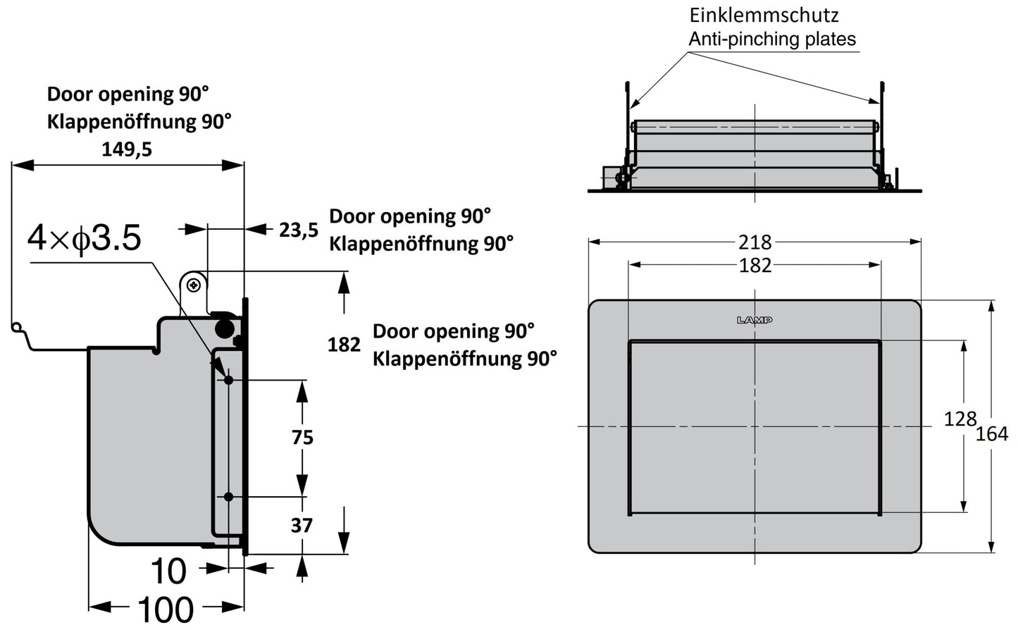 Hochwertige rechteckige Müllklappe für die senkrechte Montage mit Soft-Close, aus rostfreiem Edelstahl, Oberfläche: satiniert matt, 182 mm (7,2″), AZ-GD180-HL. Edelstahlmüllklappe, für Gastronomie und viel mehr, von Sugatsune / LAMP® (Japan)
