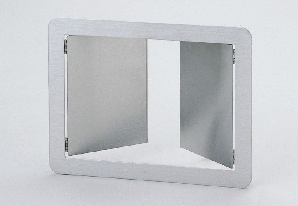 Hochwertige rechteckige Müllklappe mit Doppeltür für die senkrechte Montage, aus rostfreiem Edelstahl, Oberfläche: satiniert matt, 370 mm (14,6″), AZ-DD310-HL. Edelstahlmüllklappe, für Gastronomie und viel mehr, von Sugatsune / LAMP® (Japan)