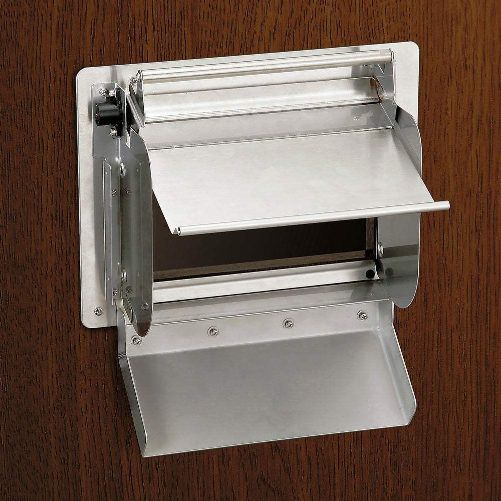 Hochwertige rechteckige Müllklappe für die senkrechte Montage, mit Soft-Close, aus rostfreiem Edelstahl, Oberfläche: satiniert matt, 234 mm (9,3″), AZ-GD230-HL. Edelstahlmüllklappe, für Gastronomie und viel mehr, von Sugatsune / LAMP® (Japan)