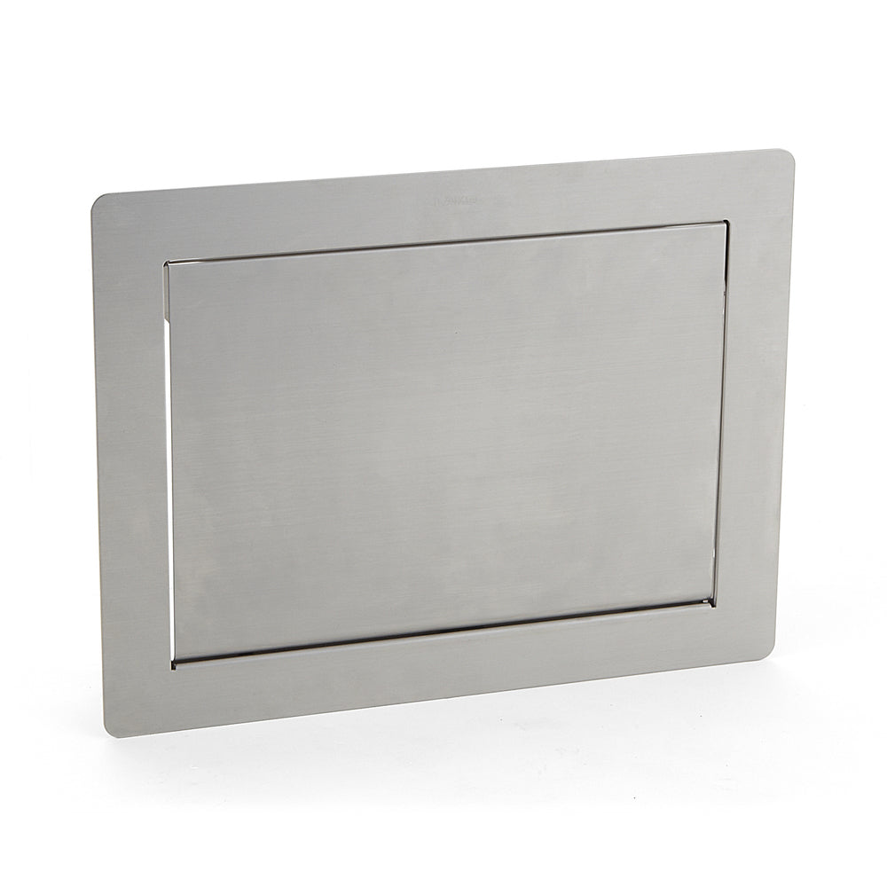 High-quality rectangular trash flap for vertical installation, with soft-close mechanism, made of stainless steel, satin finish, 310 mm (12.3"), AZ-GD310-HL. Stainless steel trash flap for catering and much more, from Sugatsune / LAMP® (Japan)