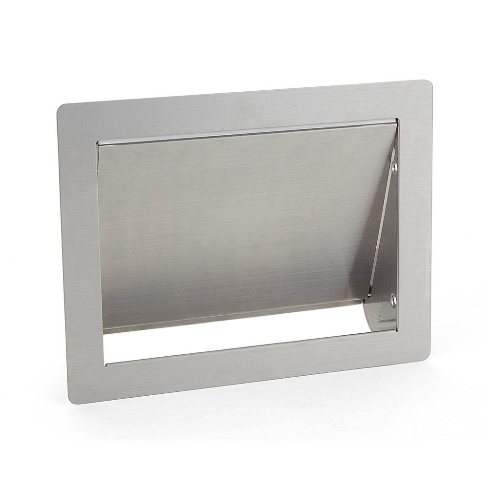 High-quality rectangular trash flap for vertical installation, with soft-close mechanism, made of stainless steel, satin finish, 310 mm (12.3"), AZ-GD310-HL. Stainless steel trash flap for catering and much more, from Sugatsune / LAMP® (Japan)
