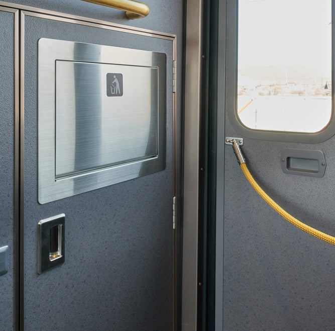 High-quality rectangular trash flap for vertical installation, with soft-close mechanism, made of stainless steel, satin finish, 400 mm (15.8"), AZ-GD400-HL. Stainless steel trash flap for catering and much more, from Sugatsune / LAMP® (Japan)