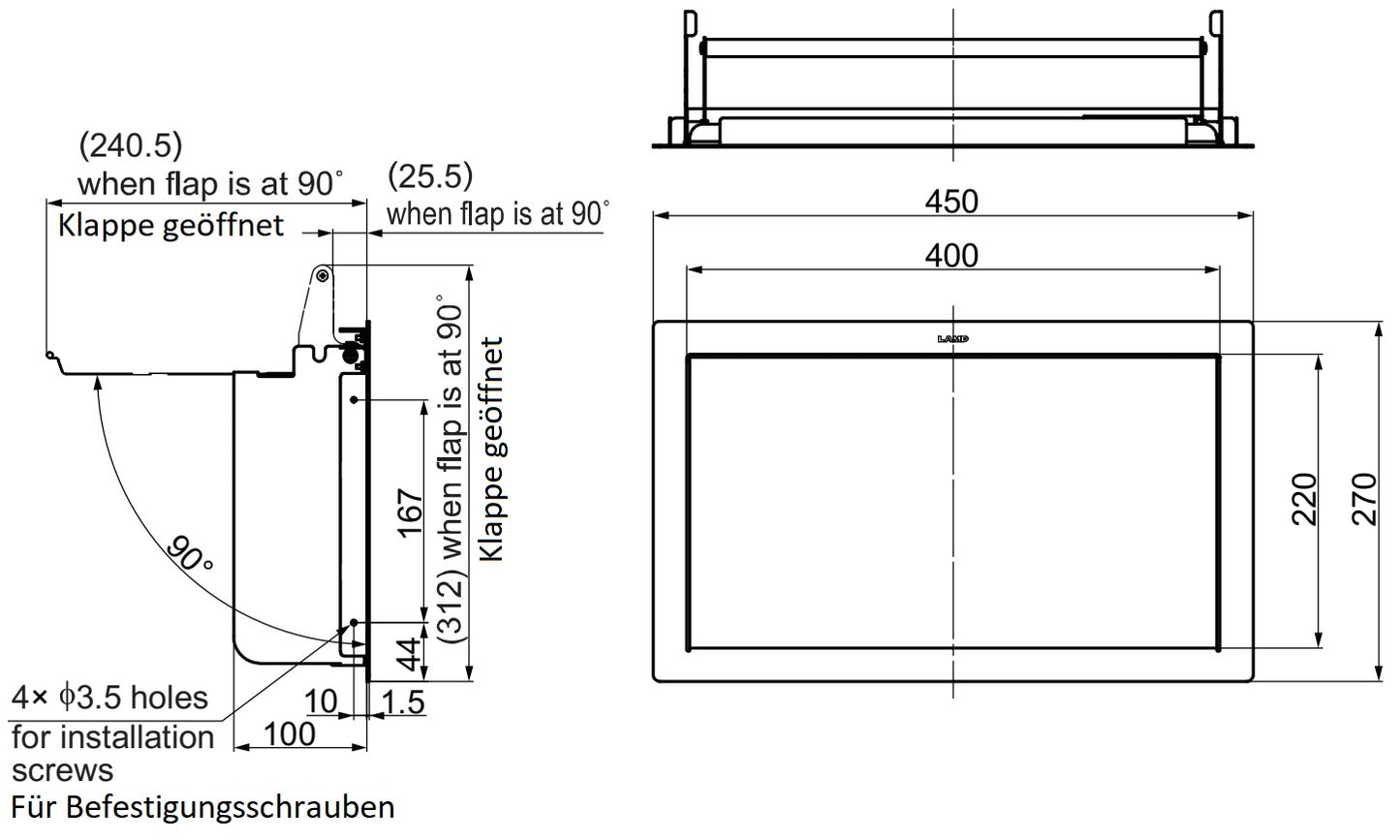 High-quality rectangular trash flap for vertical installation, with soft-close mechanism, made of stainless steel, satin finish, 400 mm (15.8"), AZ-GD400-HL. Stainless steel trash flap for catering and much more, from Sugatsune / LAMP® (Japan)