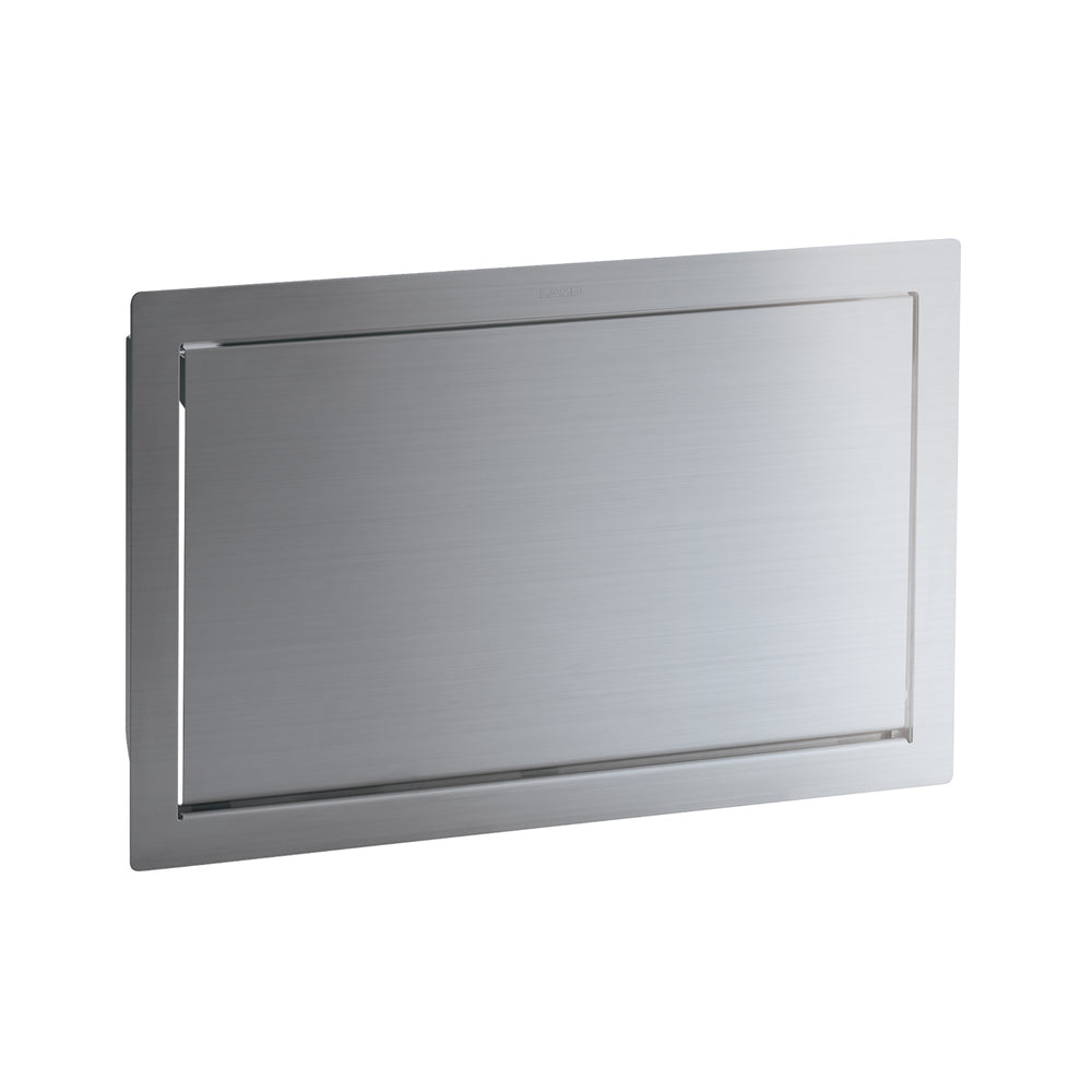High-quality rectangular trash flap for vertical installation, with soft-close mechanism, made of stainless steel, satin finish, 400 mm (15.8"), AZ-GD400-HL. Stainless steel trash flap for catering and much more, from Sugatsune / LAMP® (Japan)