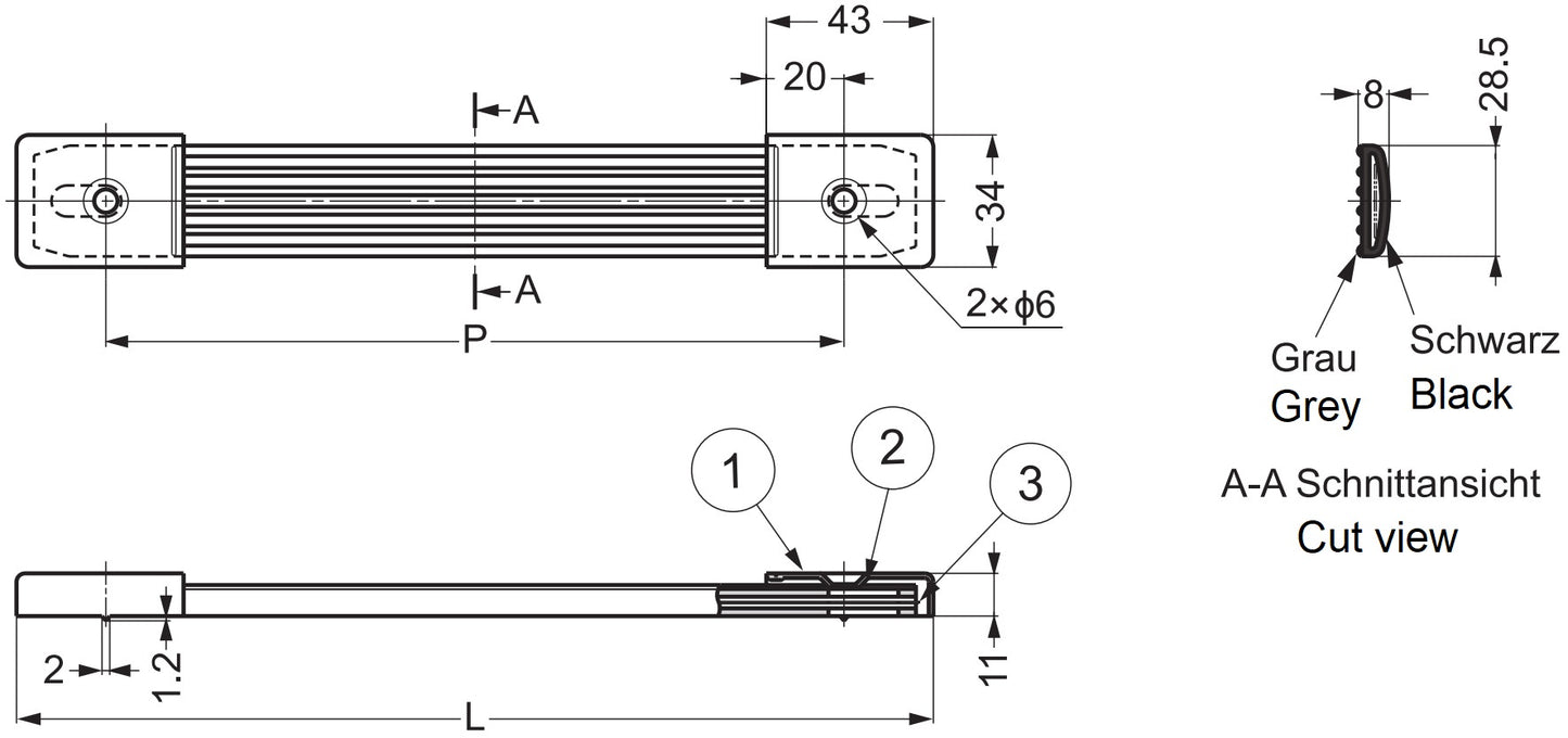 Polyvinyl chloride strap handle with steel caps, 266 mm (10.5") PS-220. Extendable polyvinyl chloride case handle for boxes, equipment, devices, cases, loudspeakers, and musical instruments, by Sugatsune / LAMP® (Japan)