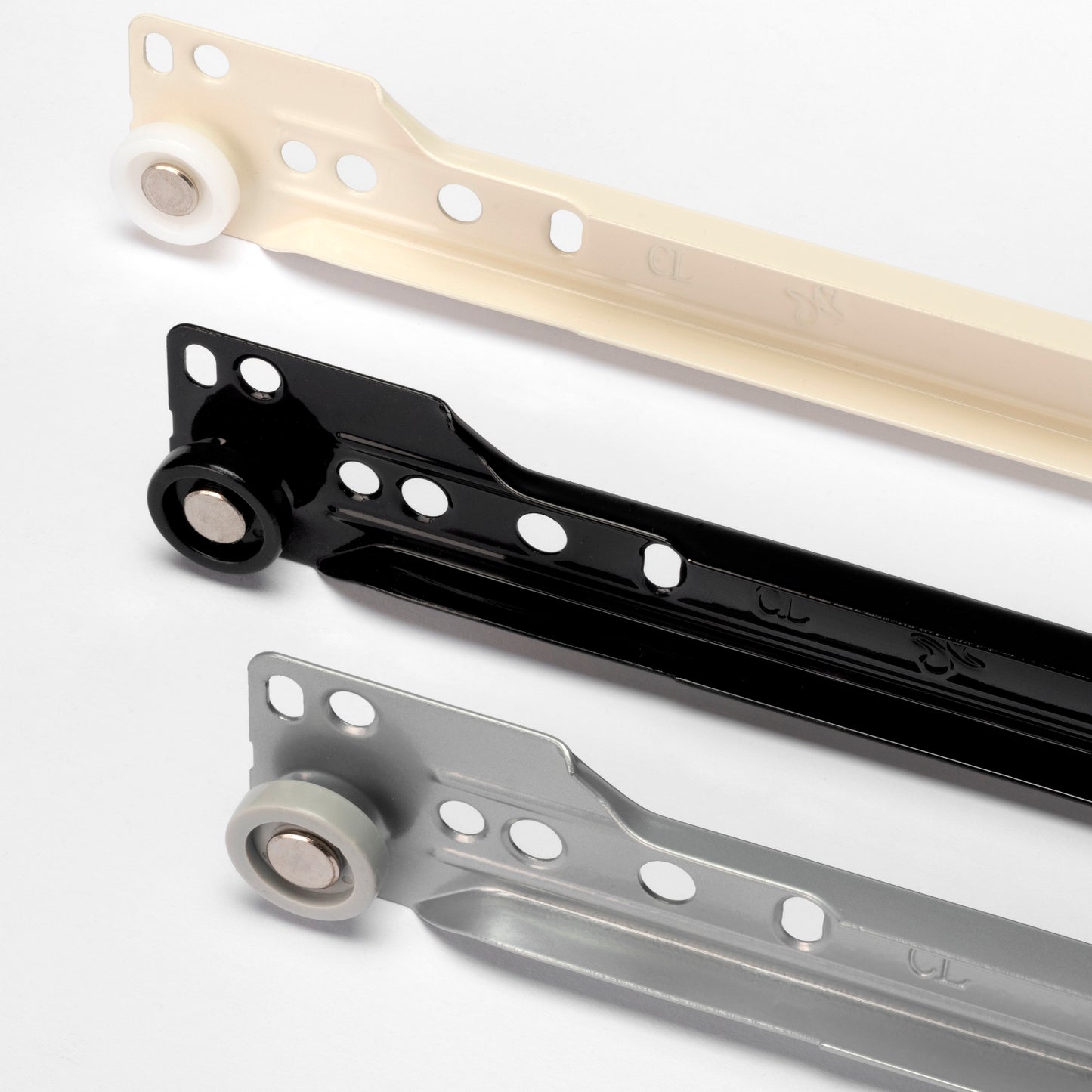 Roller drawer runners, partial extension, white lacquered, RAL 9001, 550 mm (21.7"). Steel guide rails with partial extension, for wooden drawers, pull-out shelves, wooden drawers, kitchen furniture, office furniture, and home furniture, by EMUCA