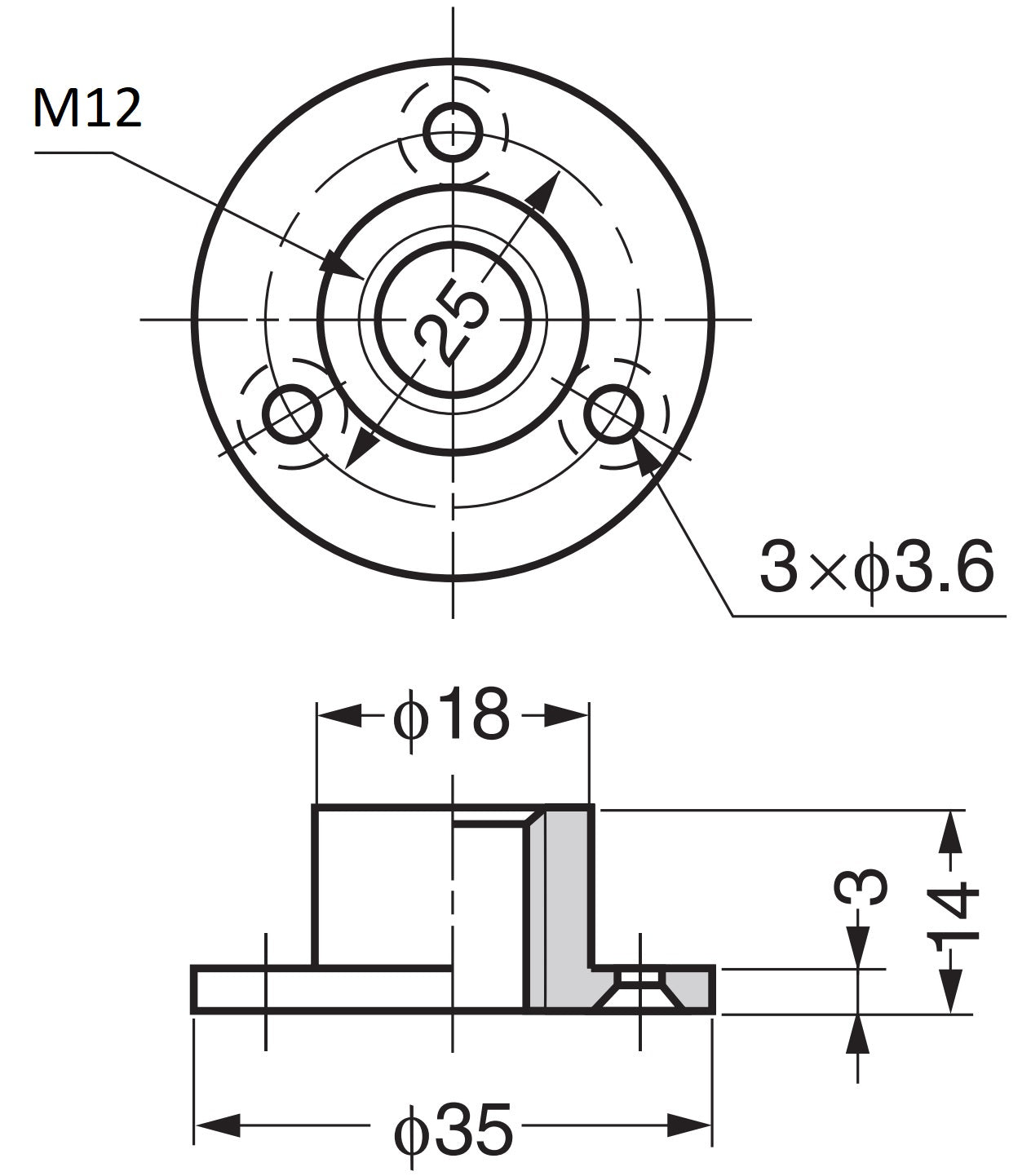 4 round mounting plates with M12 thread, made of solid zinc alloy (ZDC), 35 mm (1.4"), AD-559M12. Mounting plate for furniture feet, furniture casters, machine feet, cabinet legs, sofa feet, and much more, from Sugatsune / LAMP® (Japan).
