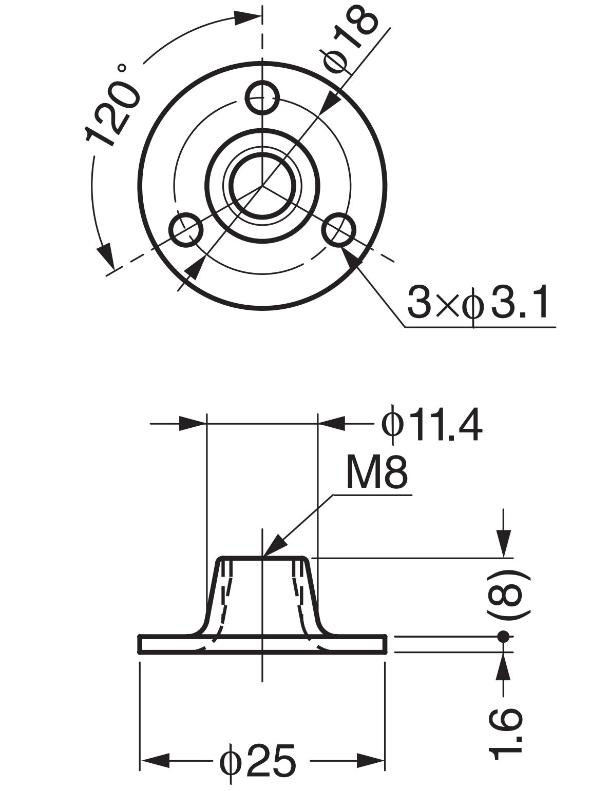 4 round screw-on plates with M8 thread, mounting plate, made of robust steel, 25 mm (1"), AP5-M8. Mounting plate, for furniture feet, furniture casters, machine feet, cabinet legs, sofa feet, and much more, from Sugatsune / LAMP® (Japan)